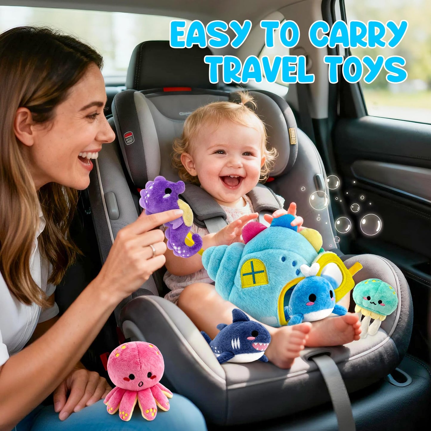 pamexin Baby Toys 6-12 Months, Ocean Stuffed Animals Set with 1 Conch House and 5 Sea Creatures, Rattle, Lanyard, Mirror, Montessori Toys for 6+ Month Old, Gifts for Babies Grandkids