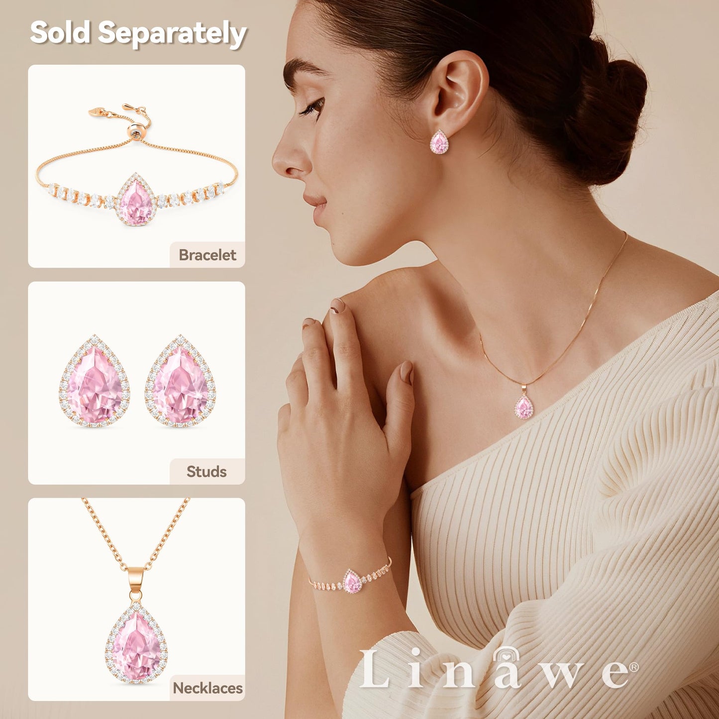Linawe Pink Crystal Necklace, Rose Gold Chain Imitation Diamond Pendant Cubic Zirconia Birthstone Rhinestone Teardrop Necklace, Preppy Bridal Wedding Bride Boho Jewelry