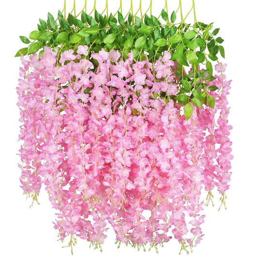GPARK 12 Pieces/Each 45 inch / 3.7 ft Wisteria Artificial Flower Bushy Silk Vine Ratta Hanging Garland Hanging for Wedding Party Garden Outdoor Greenery Office Wall Decoration Pink