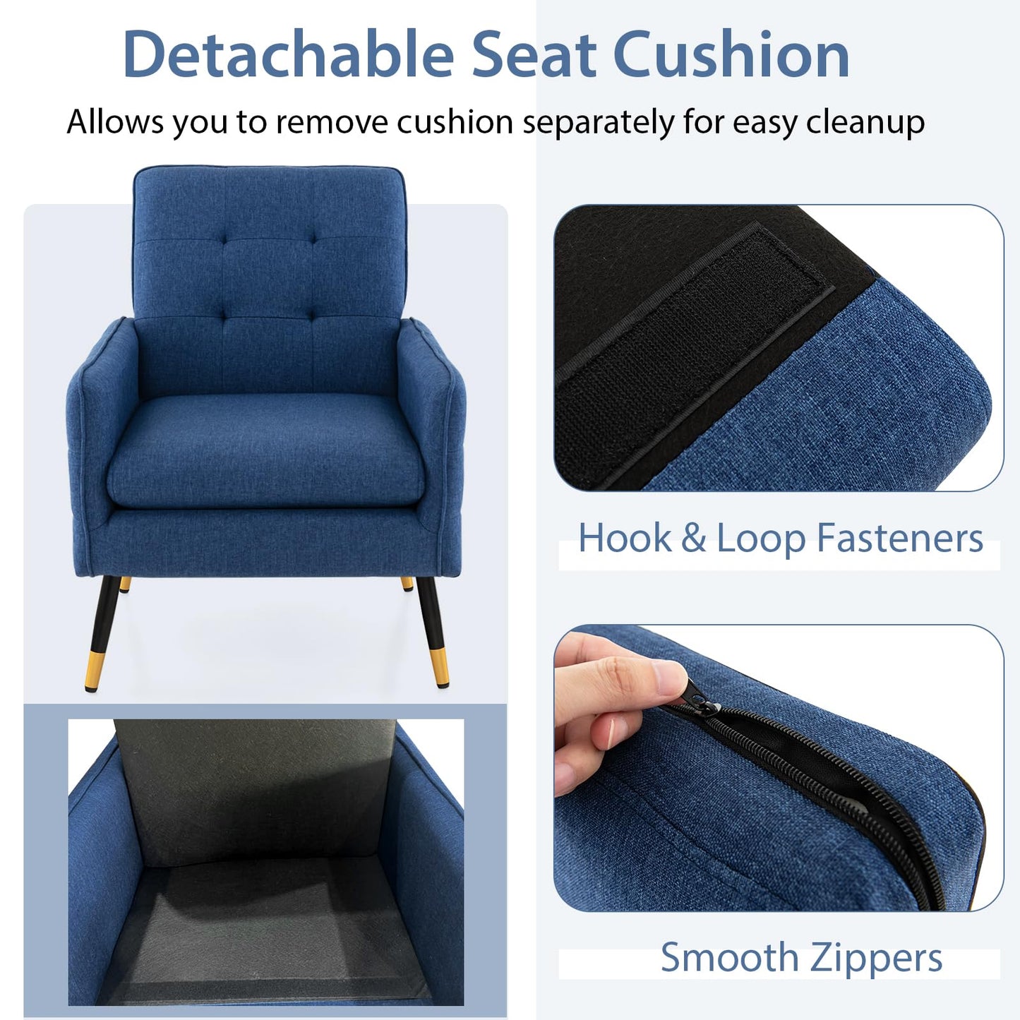 Giantex Modern Mid-Century Accent Chair - Upholstered Armchair with Tufted Back, Metal Legs, Adjustable Foot Pads, Linen Fabric Single Sofa Chair for Reading, Living Room Chair for Bedroom, Blue