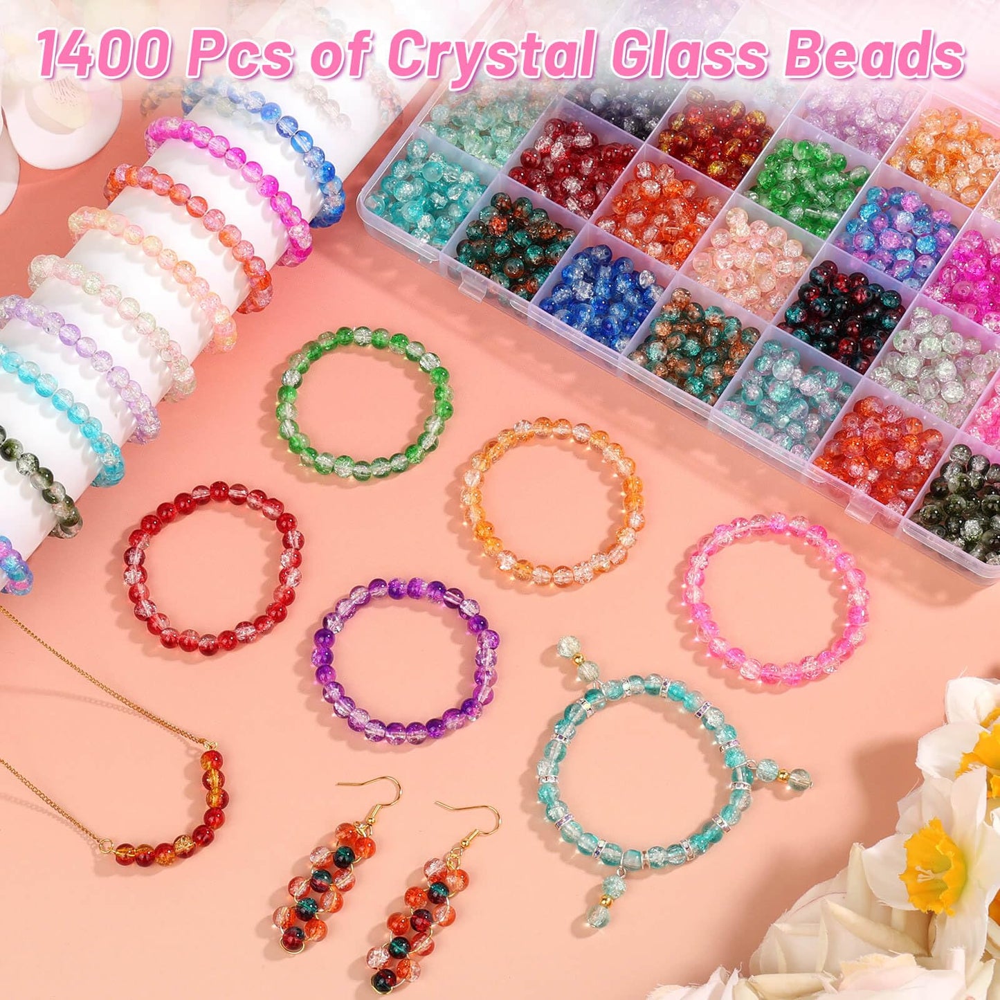 shynek 1400 Pieces 6mm Round Glass Beads for Bracelets, 28 Colors Bracelet Beads, Glass Crystal Beads for Jewelry Making, Bracelet Making and DIY Crafts(Crackle Color)