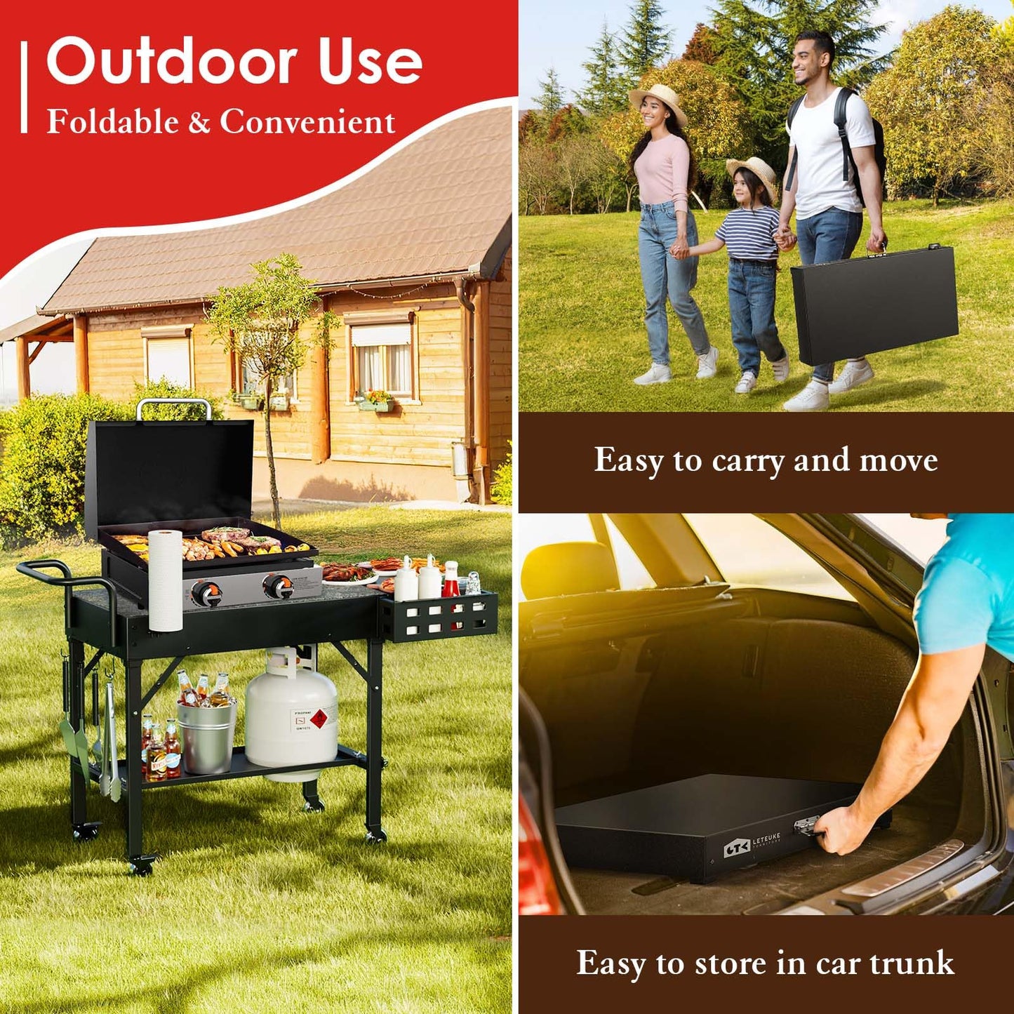 Leteuke Grill Cart for Blackstone Griddle, Portable Outdoor Grill Table, Foldable Cart Table with Wheels for Ninja, Griddle Stand Fit 17 Inch Or 22 Inch, BBQ Prep Tables with Seasoning Tray