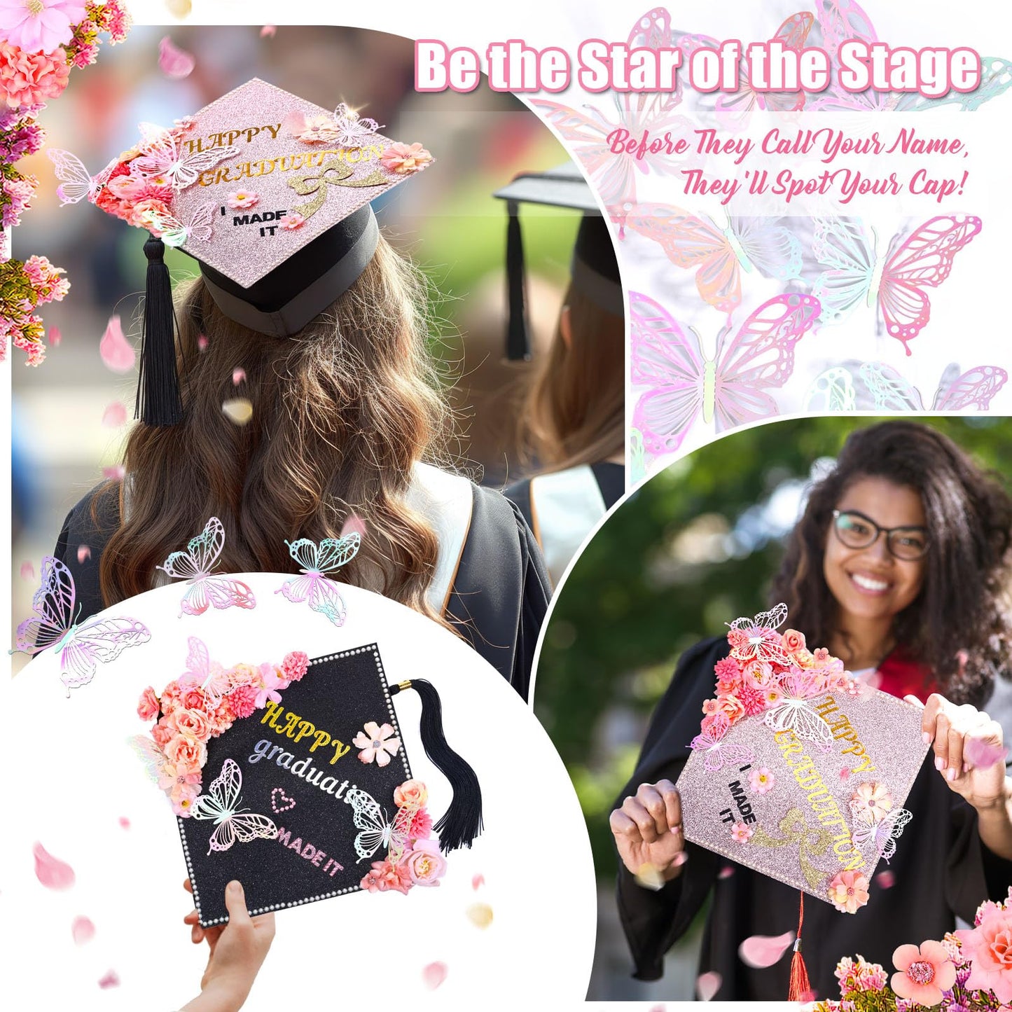 Graduation Cap Decorating Kit DIY Grad Cap Topper Crafts Glitter Cardstock Assorted Artificial Flowers Butterflies Rhinestones Alphabet Stickers Graduation Party Supplies (Pink)
