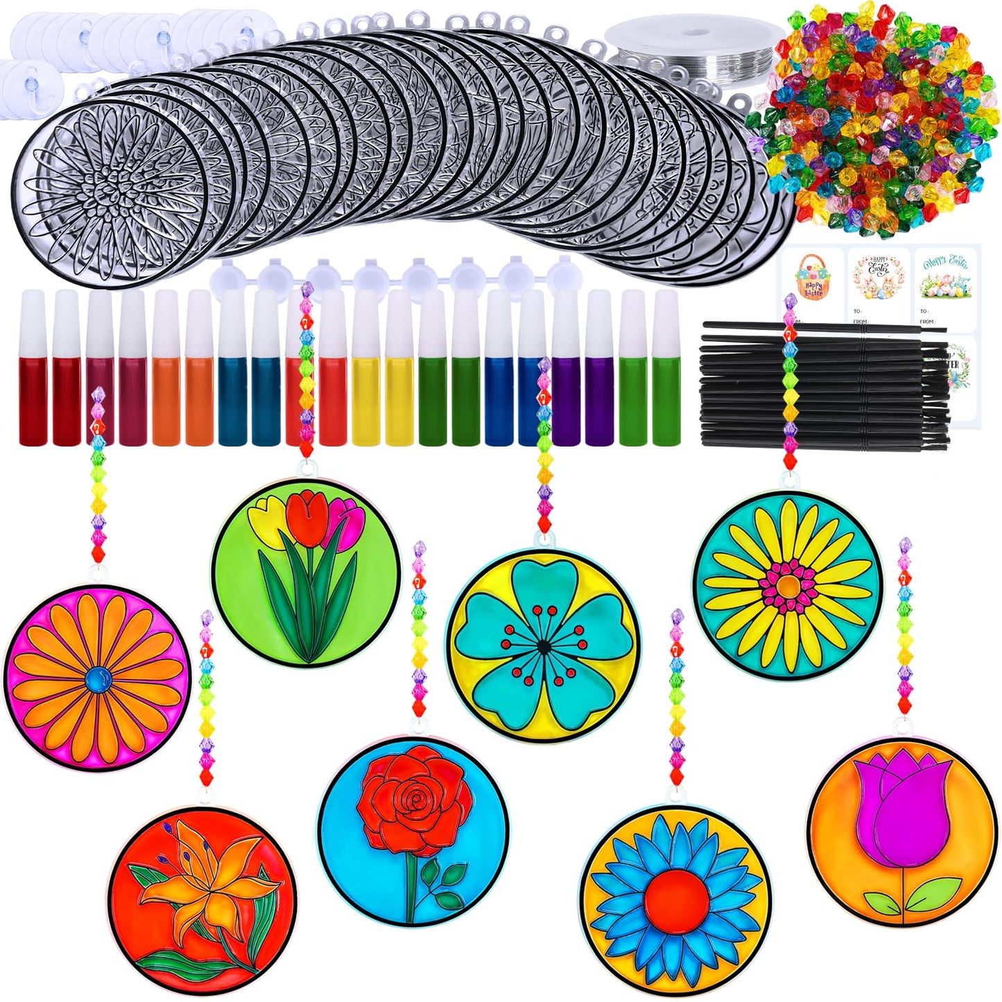 Winlyn 24 Set Spring Flower Suncatchers Ornaments Decorations DIY Window Paint Art Kit for Kids Classroom Activities Party Favors