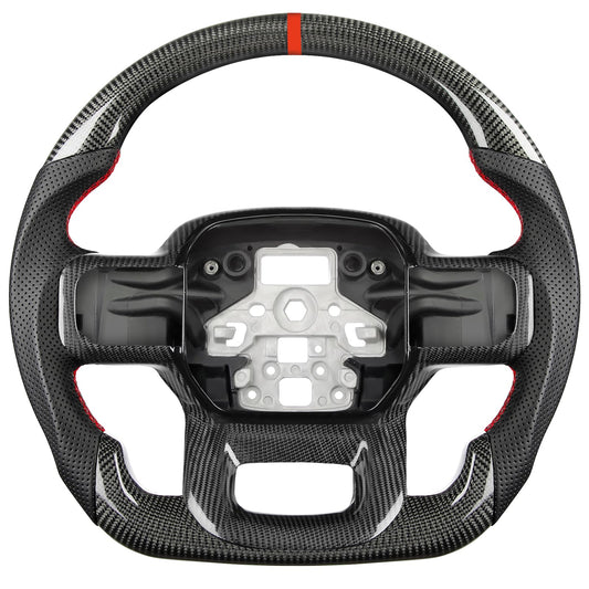 TESFEEL Real Carbon Fiber Steering Wheel for Ford F150 (2021-2025), D-Shape, Red Stripe & Stitching Nappa Leather, Includes Matching Trim, for F-150 XL, STX, XLT, SSV, Pro, Flash