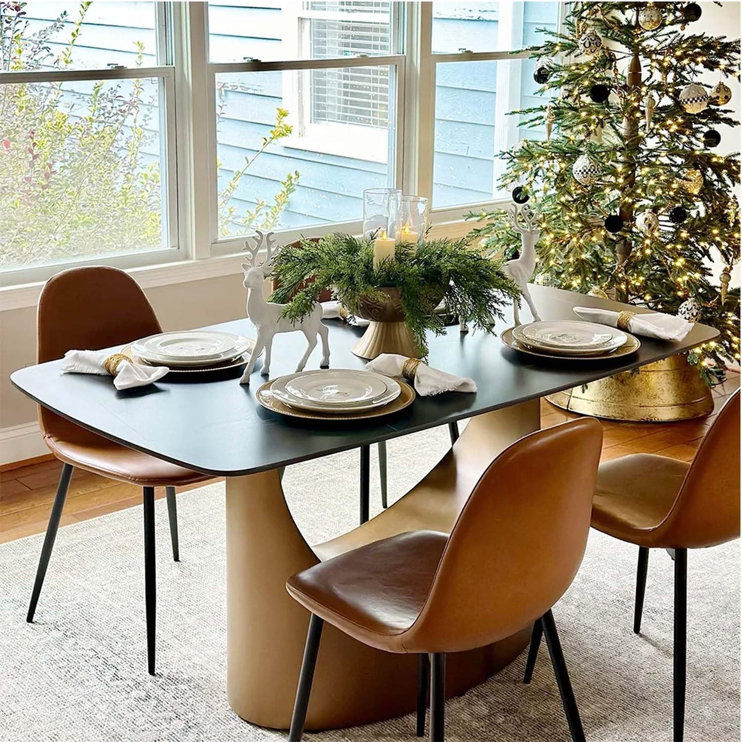 POVISON 94" Modern Dining Table for 8-10, Matte Black Dining Table, Sintered Stone Dining Tabletop with Bronze Carbon Steel Pedestal,Rectangle Dining Room Table (Table Only)