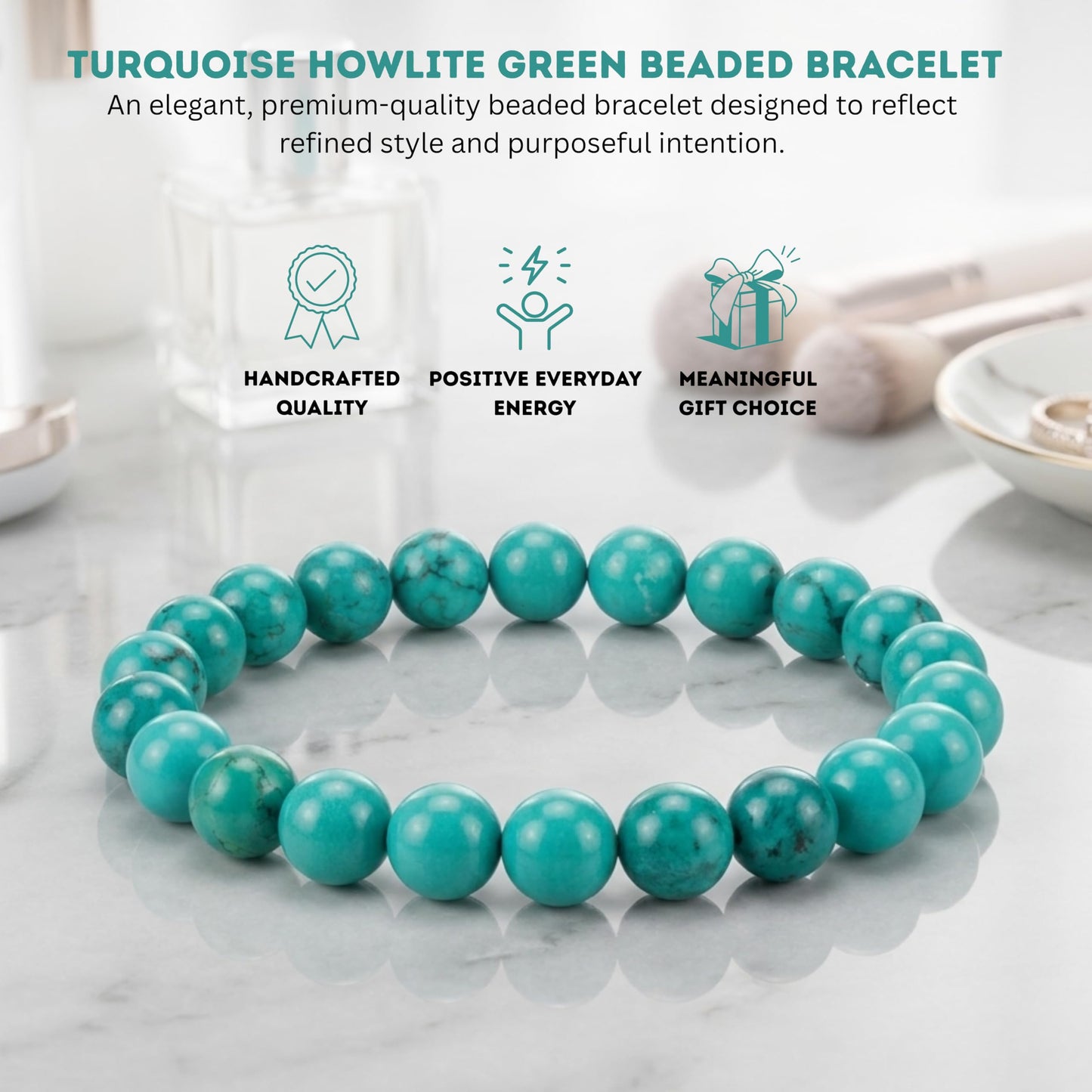 Cherry Tree Collection Turquoise Howlite Green Beaded Bracelet – Genuine 8mm Gemstone Stretch Bracelet for Men & Women – Handmade Crystal Bracelet - (Turquoise Howlite Green - S)