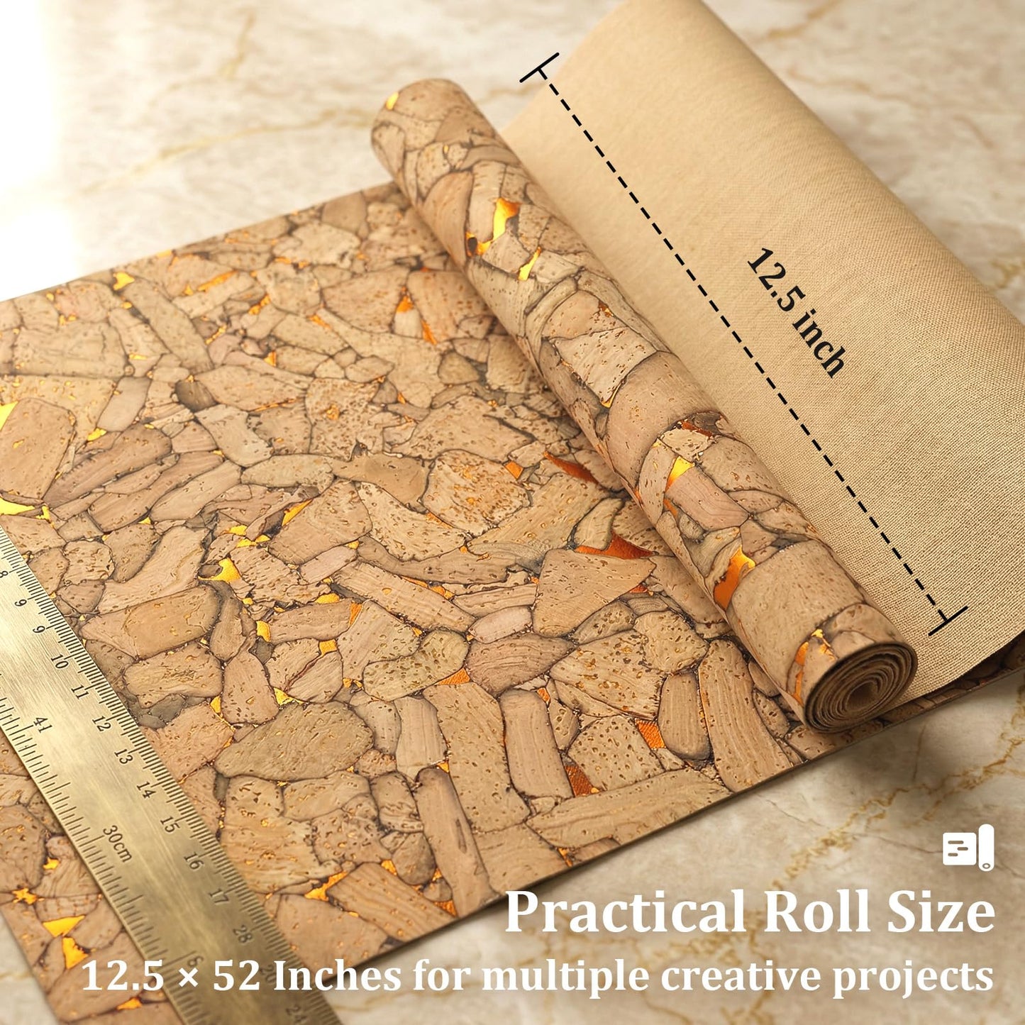 TINAFEITEM Mosaic Texture Cork Fabric Roll by the Yard, Soft Flexible Cork Fabric for Sewing and DIY Crafts, Easy Cut Material for Bags, Wallets, Home Decor and Accessories, 12.8 x 54 Inches