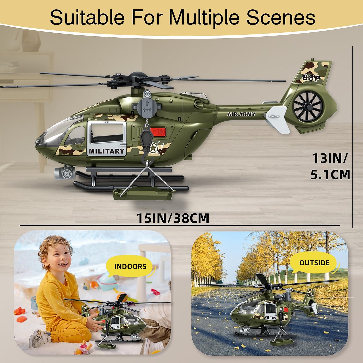 XUEXUE Large Military Helicopter Toy 15 Inch, Army Green Kids Helicopter with Crane & Hanging Tray, Toy Helicopter with Lights and Sounds, Helicopter Toys for Kids 3-5, Birthday Gift for Boys Age 3-7