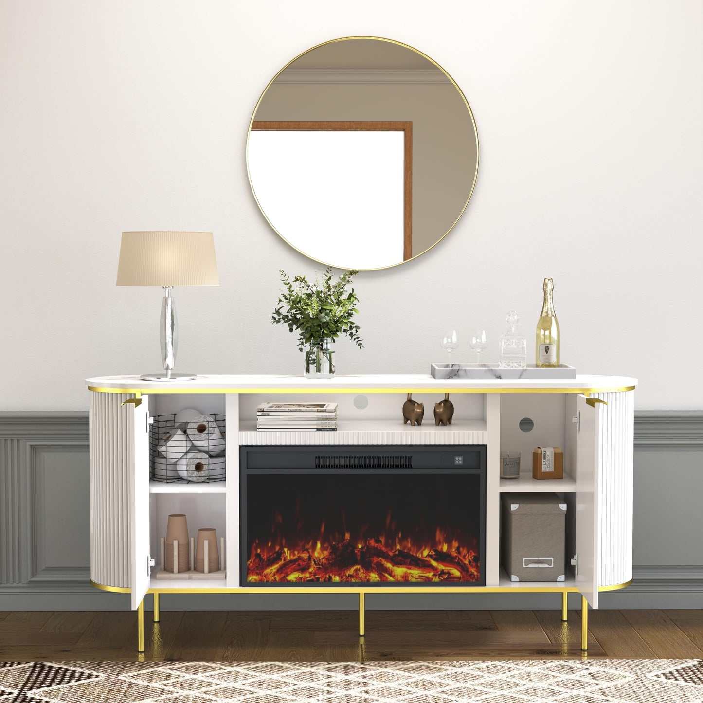 White Fireplace TV Stand: 70" Modern Luxury Fluted Electric Fireplace Heater Entertainment Center Fits TVs Up to 80 Inch, Faux Marble Top TV Console with Fireplace (White, 70 Inch Fireplace TV Stand)