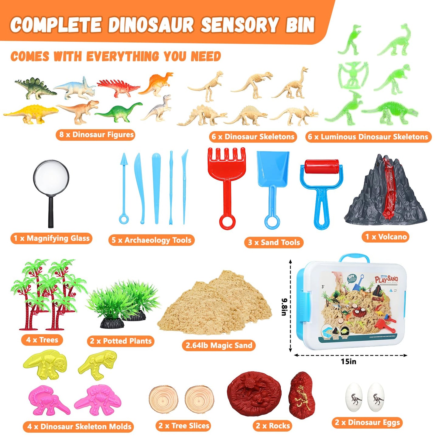 Vectronum Dinosaur Sensory Bin with Lid - 2.64lbs Sand, Archaeology Tools, Dino Figures & Skeletons, Sensory Kit for Boys Toddlers, Dinosaur Toys for Kids 3 4 5 6 7+ Year Old Christmas Birthday Gift