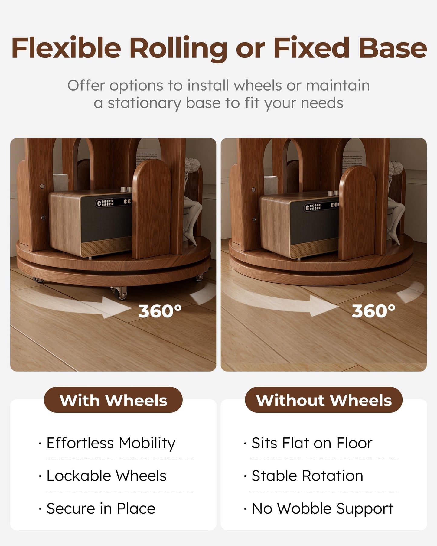 DONGMUWUJEE Solid Wood Rotating Bookshelf Tower, 6 Tier Corner Bookshelf with Bookends, Kids Spinning Book Shelf with Wheels, Revolving Bookcase Shelf, Tall Narrow Bookshelves for Small Spaces, Walnut