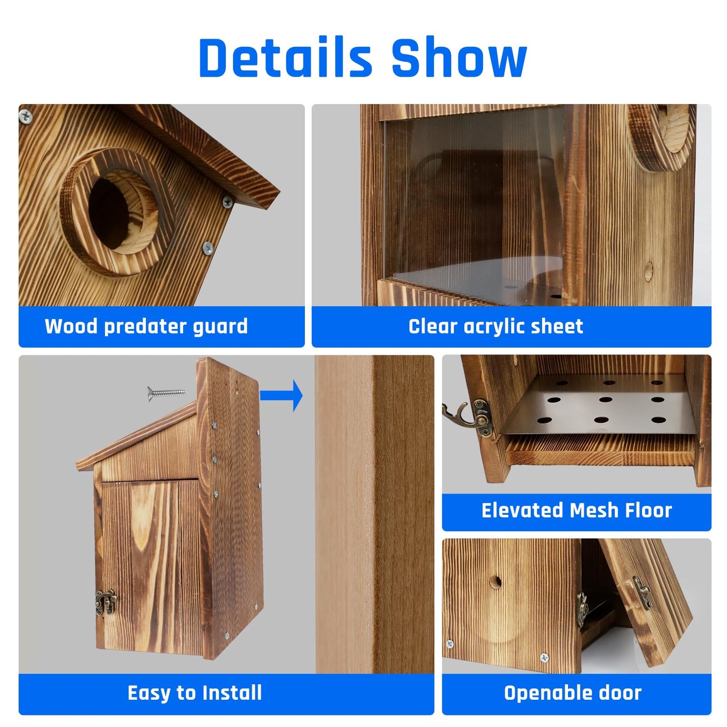 Zxweqr Natural Wood Birdhouse for Outside, Wooden Nesting Box with Circular Entrance Hole and Perch， Blue Bird Houses for Outdoors with Clear View Panel & Predator Guard for Blue Robin, Wren, Swallow