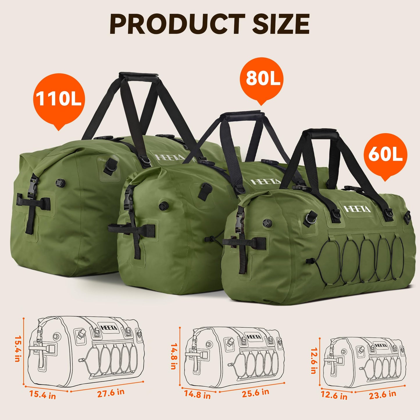 HEETA Waterproof Duffel Bag Motorcycle Dry Bag Backpack, Extra Large Rolltop Travel Duffle Bags with Straps & Handles for Kayaking Rafting Boating Canoeing Camping Gym Beach (Green, 110L)