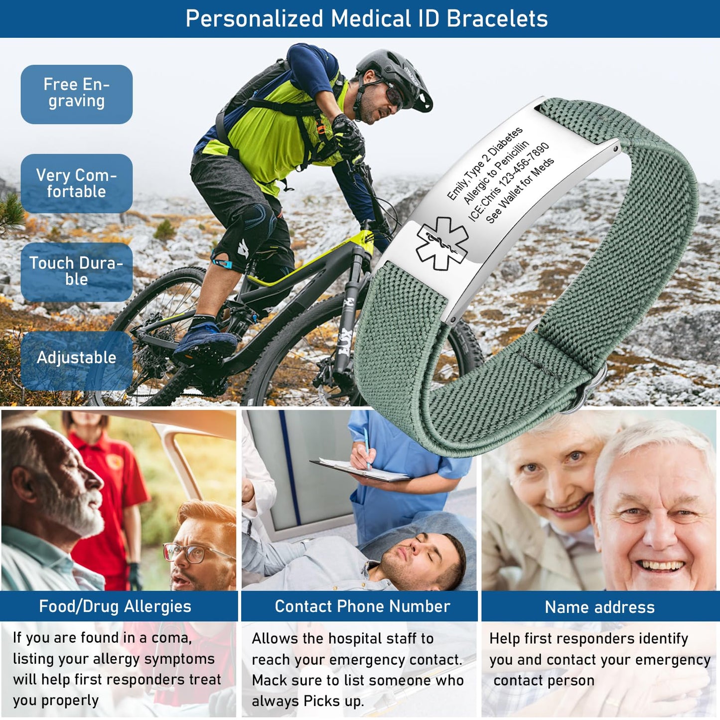 VNOX Medical Alert Bracelets for Men & Women with Free Engraving Adjustable Stainless Steel Mesh Emergency Medical ID Bracelets Wristband