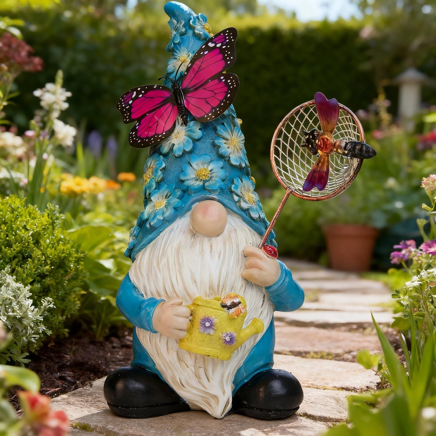 Foreby Garden Gnome Statues Outdoor Decor Solar Gnomes with Butterfly on LED Lighted Flowers, Resin Blue Gnomes Sculpture for Patio Yard Lawn Onament Decoration
