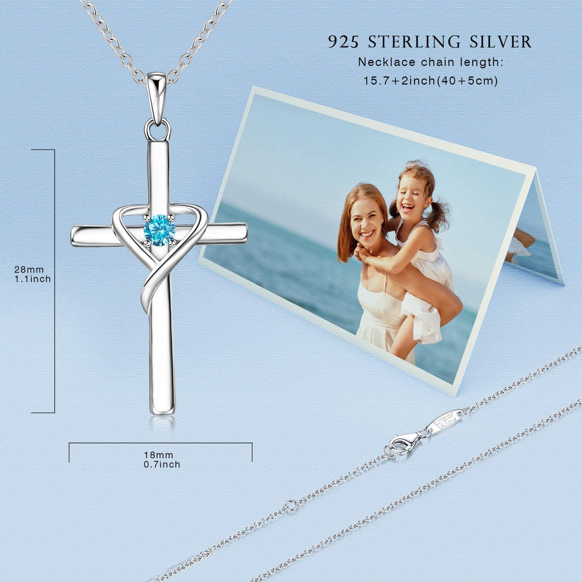 AmorAime 925 Sterling Silver Cross Necklace for Women Men 14K Gold Plated 5A CZ Birthstone Necklaces for Holiday (L.Blue-December-Blue Topaz)