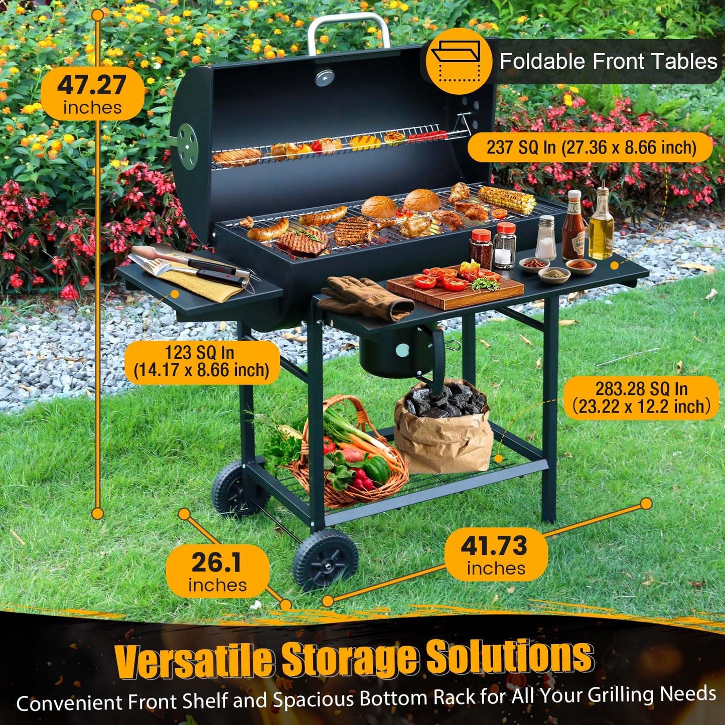 SUNLIFER Charcoal BBQ Grills Outdoor: Spacious Barrel Barbecue Grill with Side Front Table - Premium BBQ Smoker Combo for Backyard Cooking Patio Grilling Tailgating Party Camping Picnic