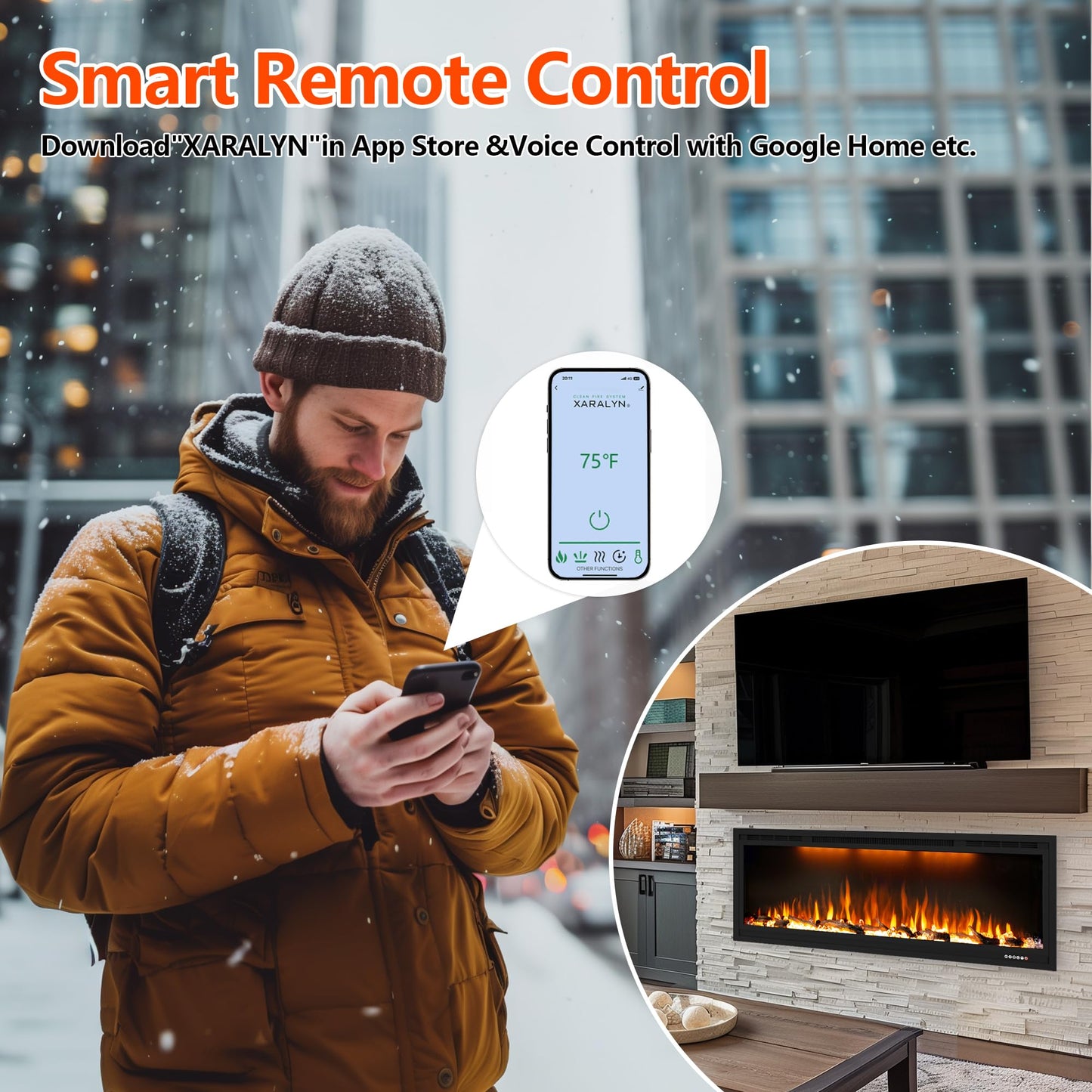 Dreamflame 86 inch Electric Fireplace, Smart Fireplace Insert recessed in Wall and Wall Mounted fire Place Heater with Metal Frame, Multicolor Flame & Realistic logs，Thermostat& Timer, 1500W, Black