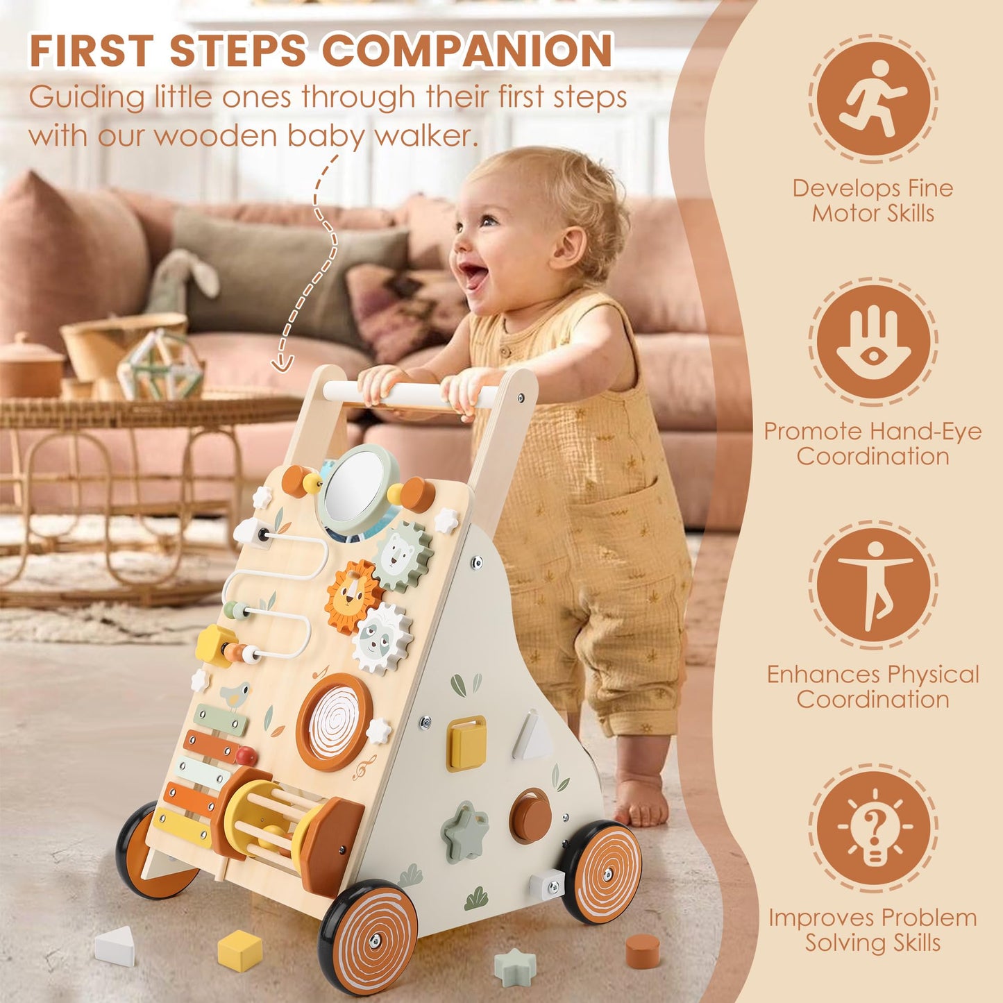 Pithfor Wooden Baby Walker, Baby Push Walker with Activity Center for Girls Boys, Montessori Push Walker Toys for Babies Learning to Walk, Sit-to-Stand, for 10-12 Months 1 2 3 Years Old