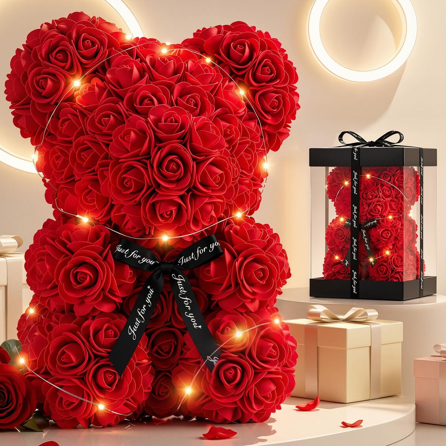 Otlonpe Bear Rose Flowers Light Up, Mothers Day Bear Gifts for Mom, Women Gifts Home Decorations for Christmas Valentines Mothers Day Birthday, for Her Mom Wife Girlfriend Daughter (Red)