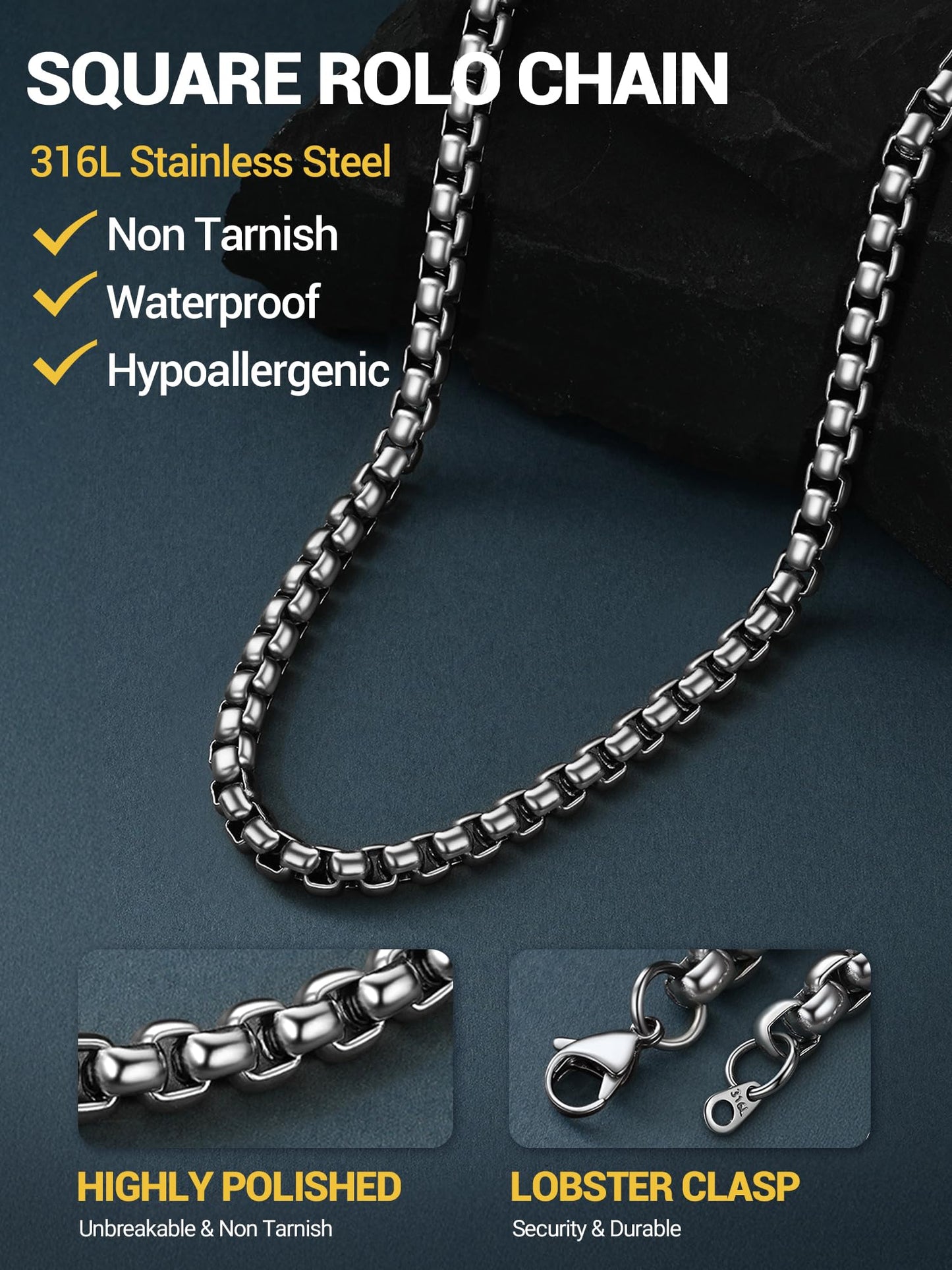 PROSTEEL Squre Rolo Link Chains, Stainless Steel Chain Necklace Waterproof & Strong Lobster Clasp 6mm Link Chains for Men and Women Jewelry with Gift Box 30in