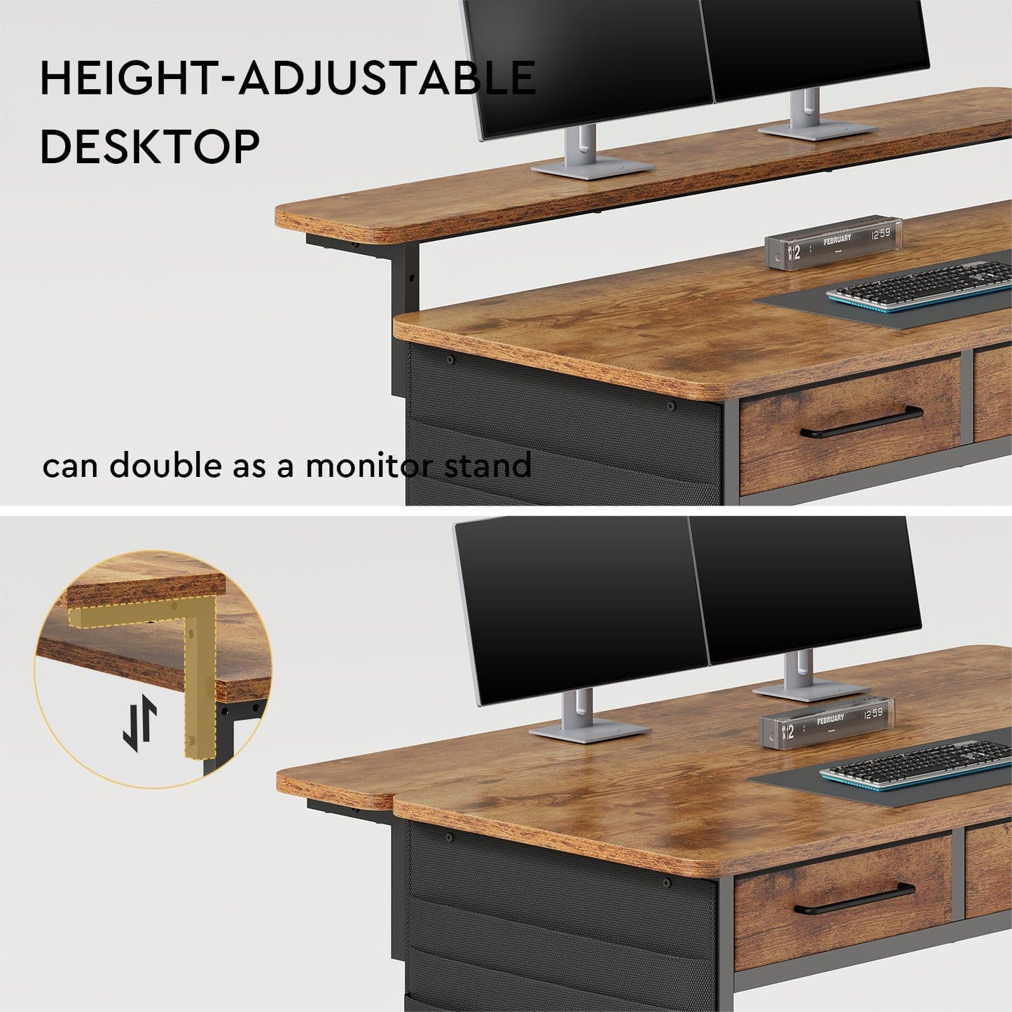 Maihail Small Desk with Drawers, 31.5X15.8-22.9 Inches Office Computer Desk with Side Pocket & Ergonomic Monitor Stand, Writing Table for Small Spaces, Bedroom, Kids Desk, Vanity Desk, Rustic Brown
