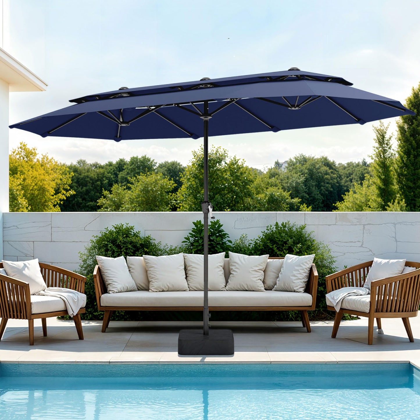 PHI VILLA 13ft Large Patio Umbrellas with Base Included, 2-Tier Double-Sided Outdoor Market Rectangle Umbrella for Outside, Blue