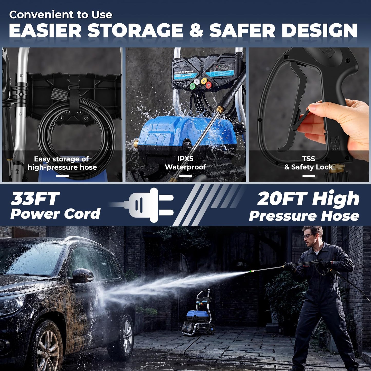 MAX 5000 PSI 4GPM Pressure Cleaner, 33FT Hose 3L Soap Bottle Professional Power Cleaner with 5 QC Nozzles 8" Wheels, Commercial Plug Powered Pressure Cleaner for Home Floor Car Yard, Blue, 27LBS