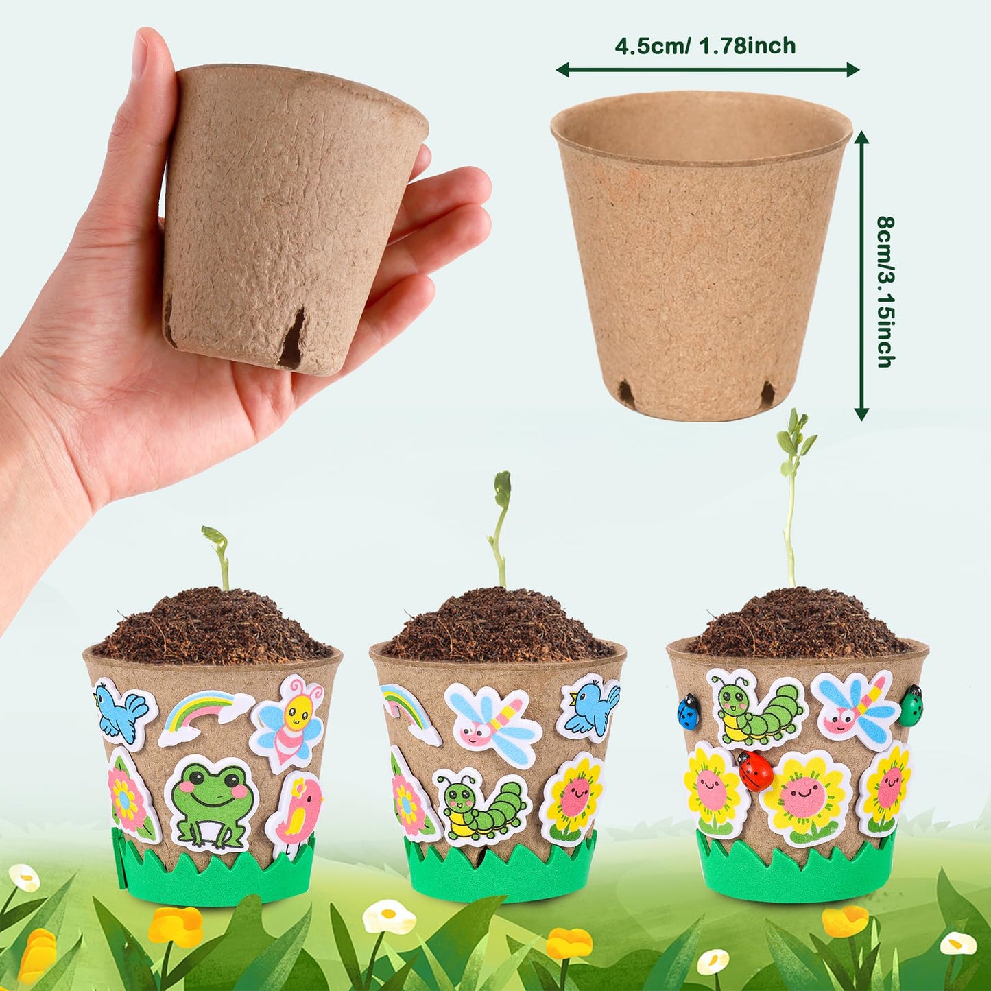 Aweyka 60 Pack Garden Paper Pot Craft Kit Flower Plant Spring Summer Craft with 50 Adhesive Foam Stickers 60 Paper Mache Pots Label Pens, Flower Planting Growing Kit Science Garden Gift
