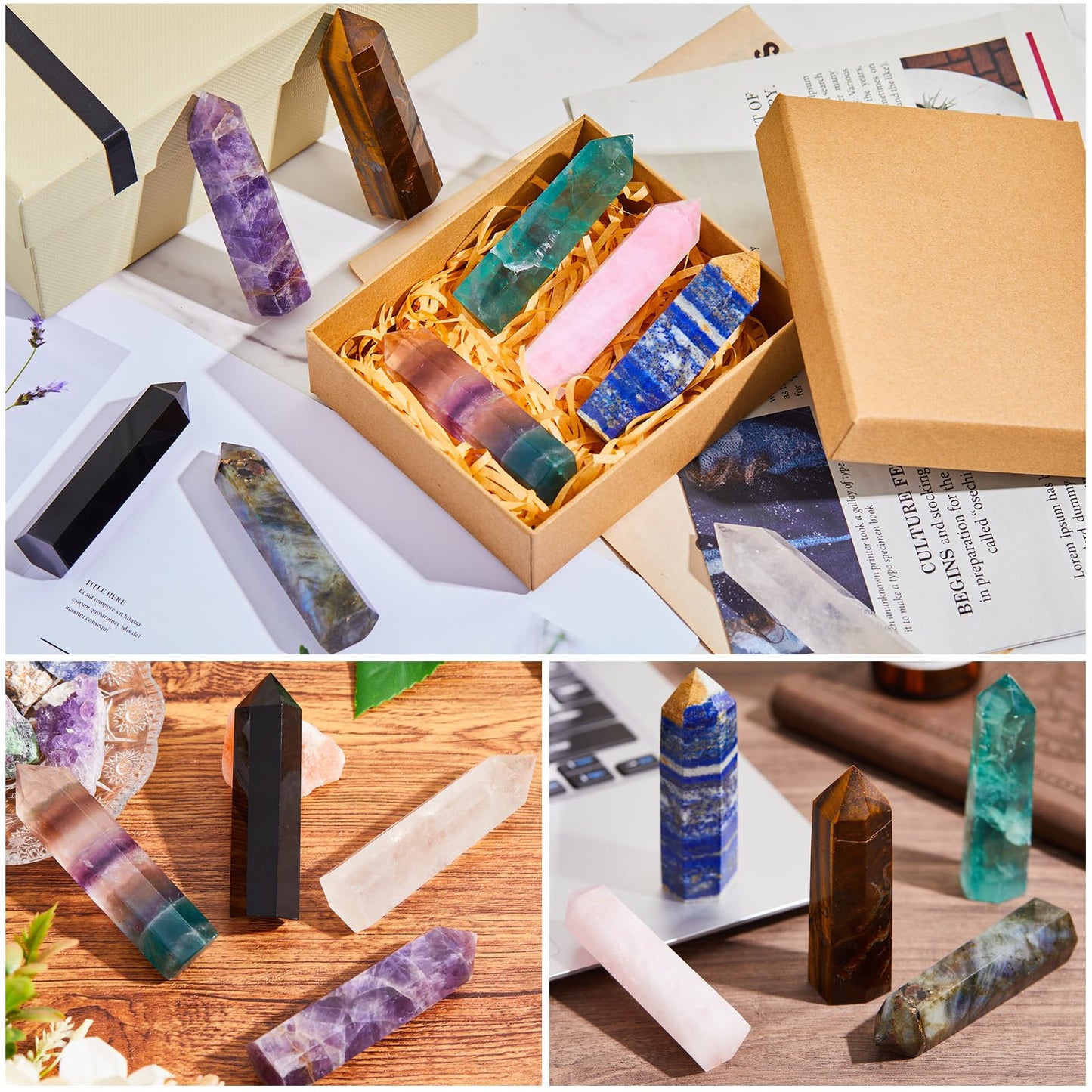 Junkin 9 Sets Healing Crystal Wand, Amethyst Rose Quartz Clear Quartz Tiger Eye Obsidian Fluorite Labradorite Lapis Lazuli for Meditation Crystal Therapy Reiki Supplies(Mixed Color,3.2-3.5 Inch)