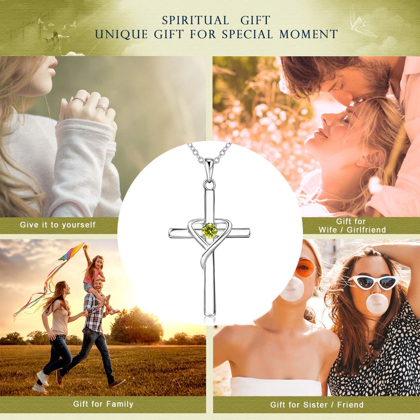 AmorAime 925 Sterling Silver Cross Necklace for Women Men 14K Gold Plated 5A CZ Birthstone Necklaces for Holiday (H.Green-August-Peridot)