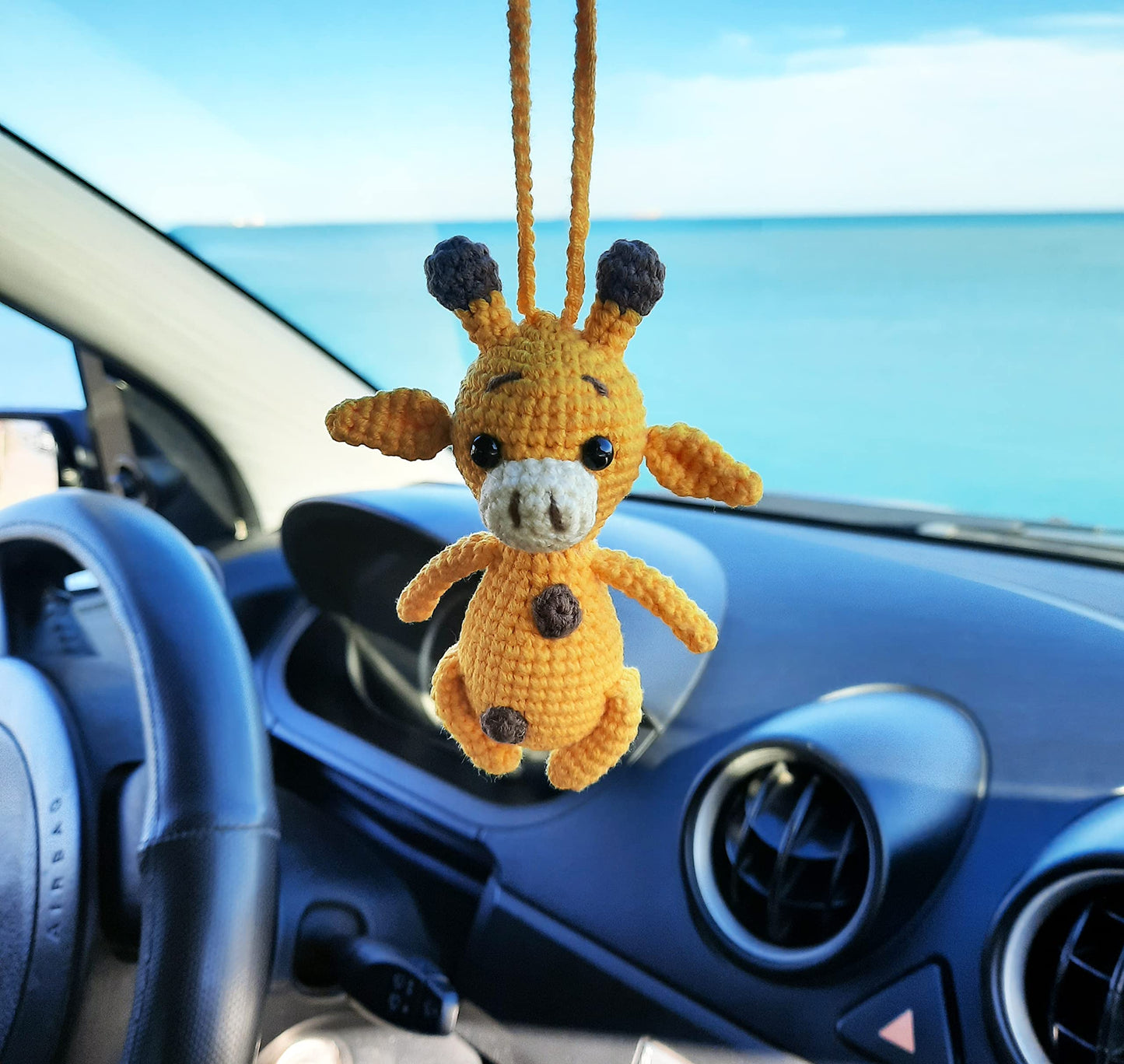 Giraffe Handmade Crochet Car Mirror Hanging Ornament – Cute Home Charm, Amigurumi Animal Decor for Car, Backpack, Nursery, Desk – Gift for Animal Lovers