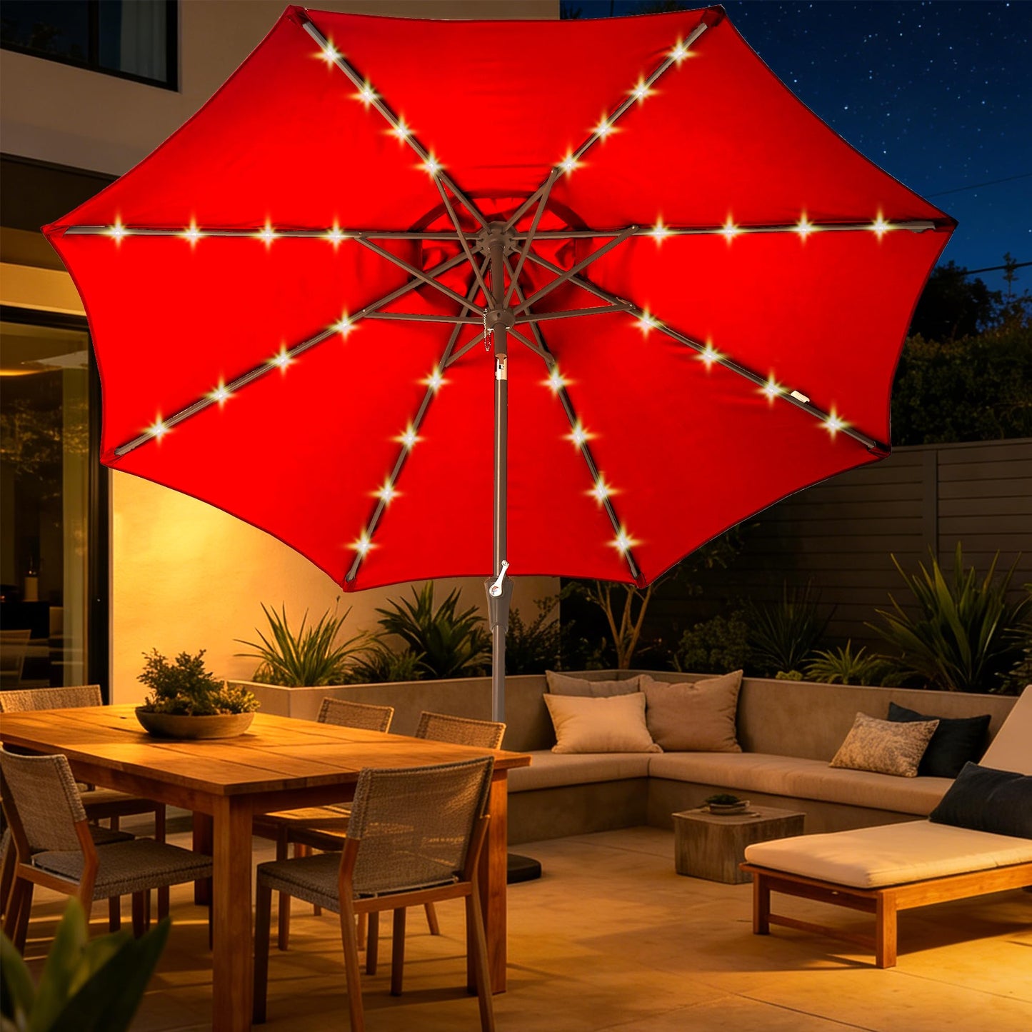 Tioline 9FT Solar-Powered LED Patio Umbrella with Tilt Crank,Outdoor Market Umbrella with 32 Lights,Sunshade for Deck, Garden and Pool,Red