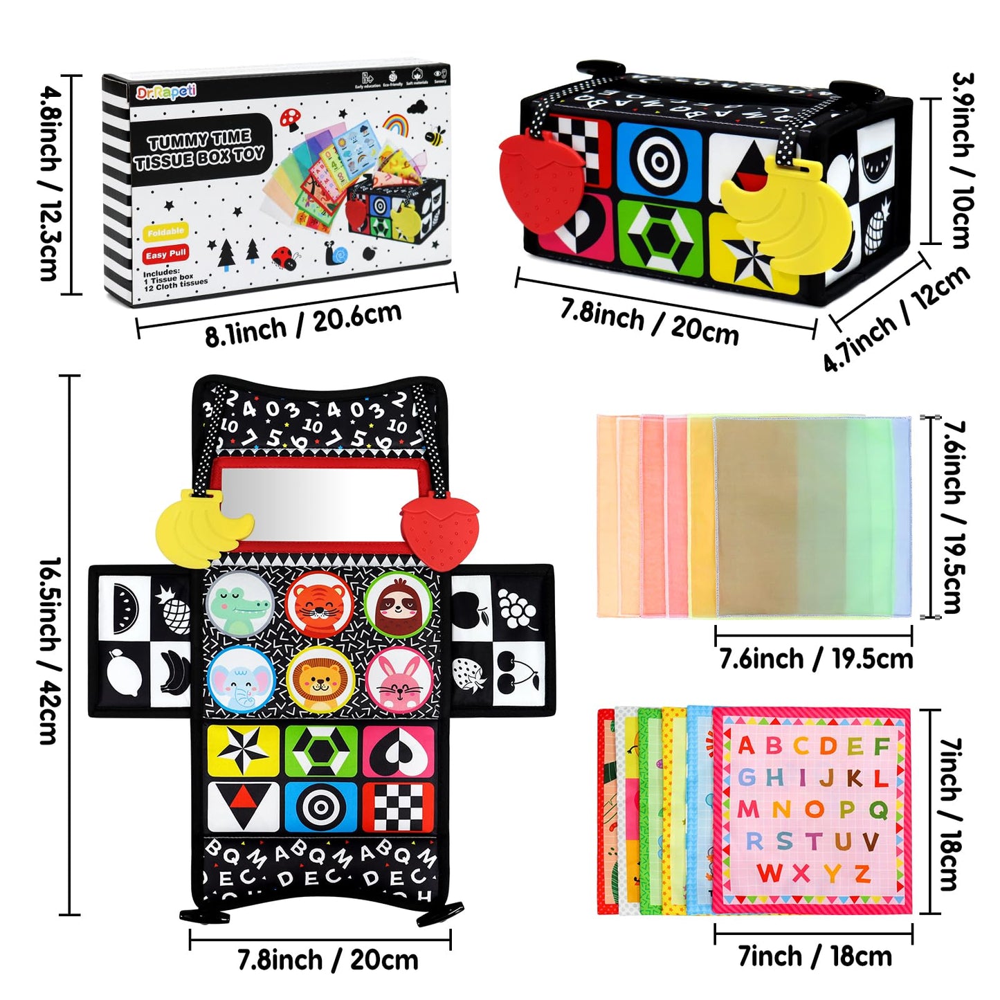 Dr.Rapeti Tummy Time Mirror, Tissue Box Toy, 3in1 Black and White High Contrast, Double-Sided Foldable Sensory Montessori Toy, Crinkle Silk Scarves Teethers 0-6 6-12 Month Newborn Infant Baby