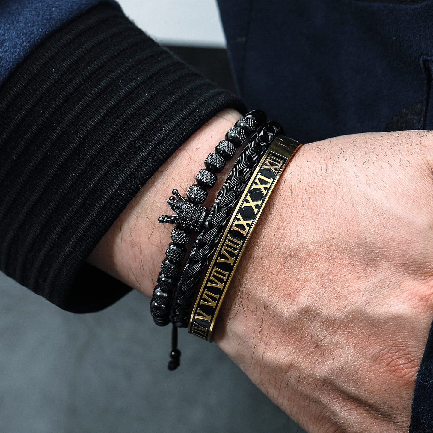WFYOU 3PCS Stainless Steel Bracelets for Men Gold Roman Numeral Bangle Bracelet Twisted Cable Bracelet Adjustable Cuff Bracelet Mens Luxury Jewelry Bracelets Gifts(I:Black)