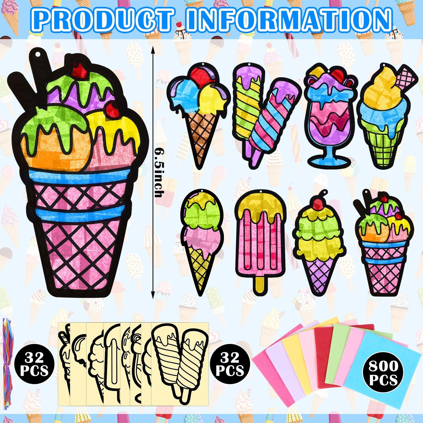 Eersida 32 Sets Summer Craft Set, Summer Ice Cream DIY Stained Glass Tissue Paper Kits SunCatcher Kits for Window Activities Art Home Boys Girls Birthday Party Decorations Favors Gift