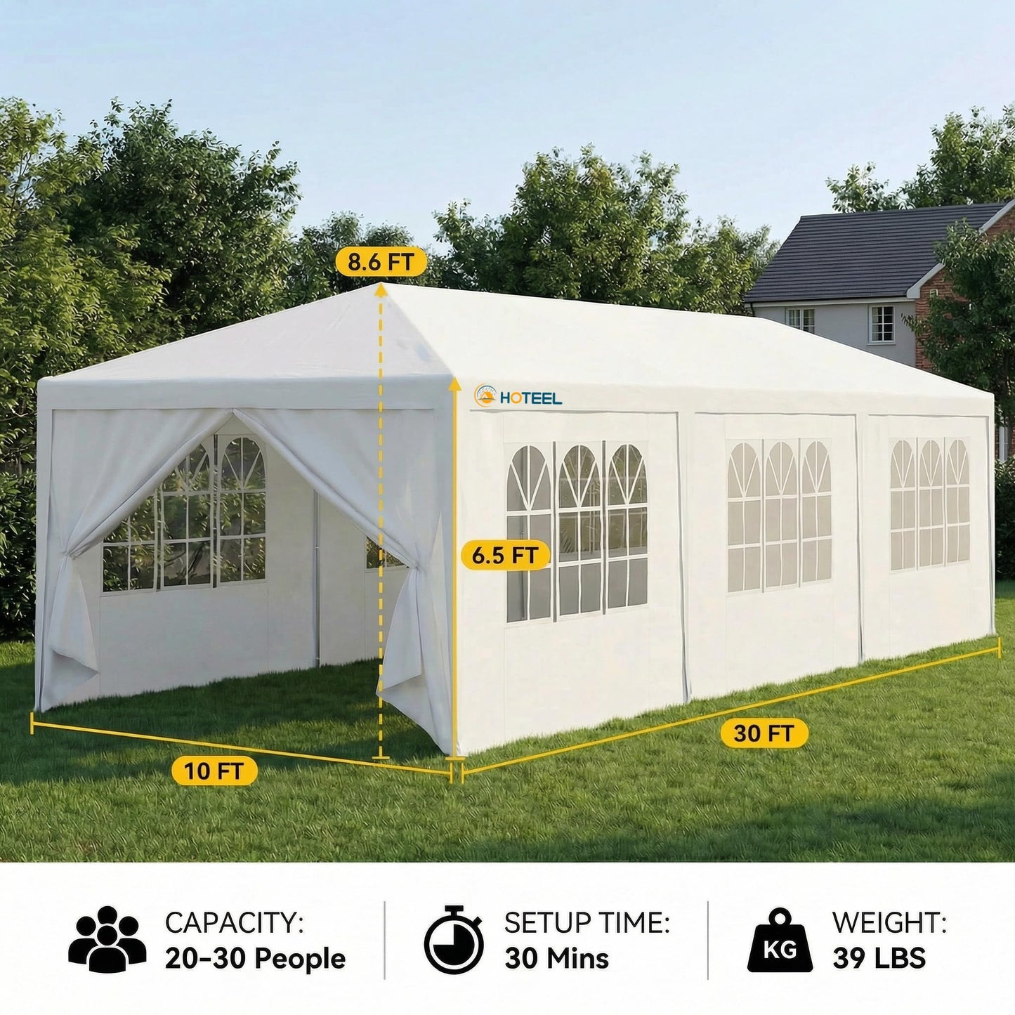 HOTEEL 10x30 FT Party Tent Outdoor Canopy Tents for Parties with 8 Removable Sidewalls, Carpas para Fiestas Waterproof for Gazebo Large Backyard Shelter Patio White Wedding Event Tent BBQ