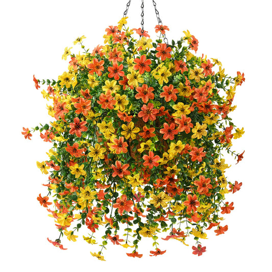 INQCMY Artificial Fake Hanging Flowers Plants Baskets for Outdoor Fall Decoration,Faux Silk Flower in Planter UV Resistant Look Real for Home Outside Porch Garden Yard Patio Decor