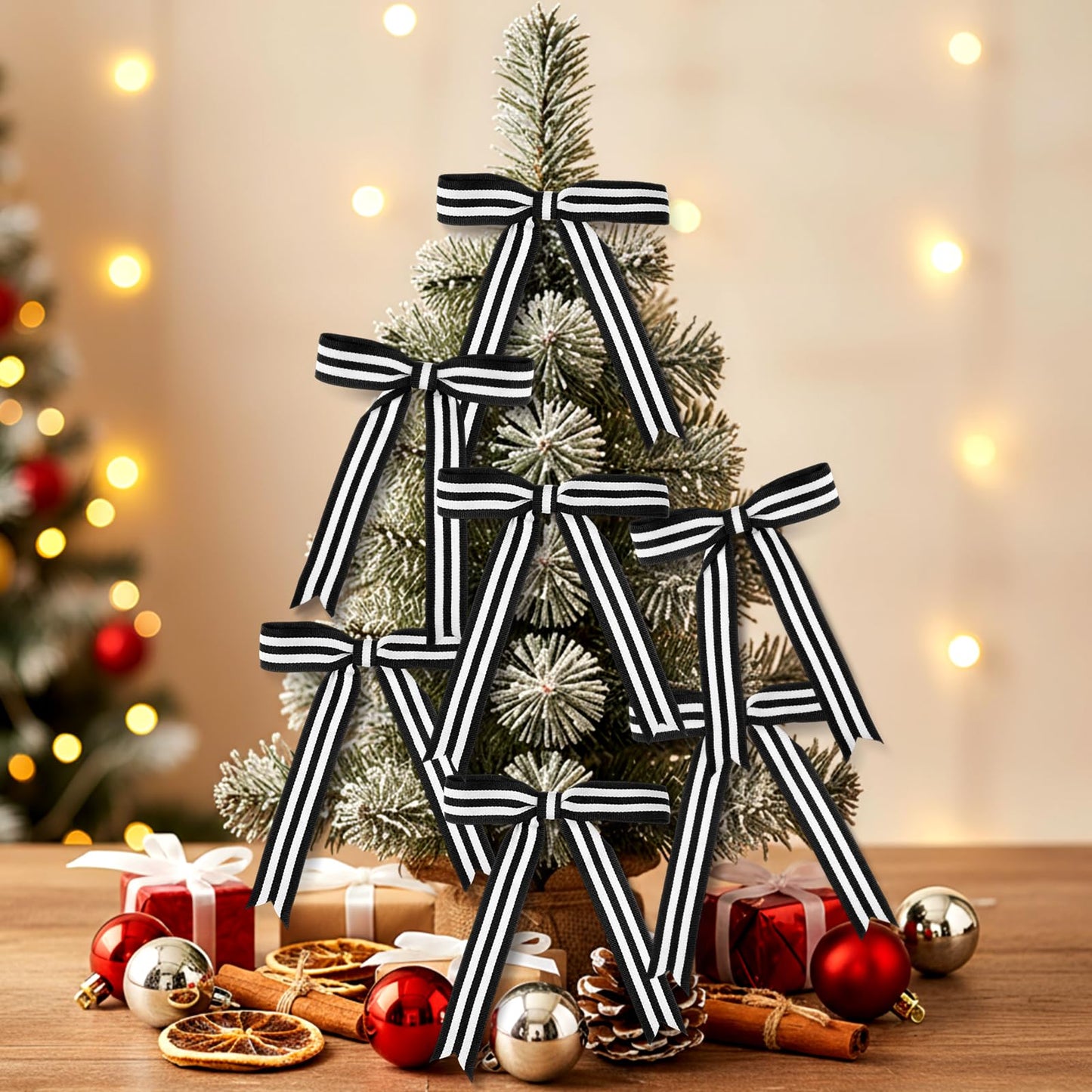 Riceshoot 24 Pcs 5x7 Black White Stripe Twist Tie Bows for Christmas Tree Memorial Gift Wrapping Bag Xmas Decoration Ribbon for Gothic Spooky Holiday Birthday Party Wreath DIY Craft (1 Inch Wide)