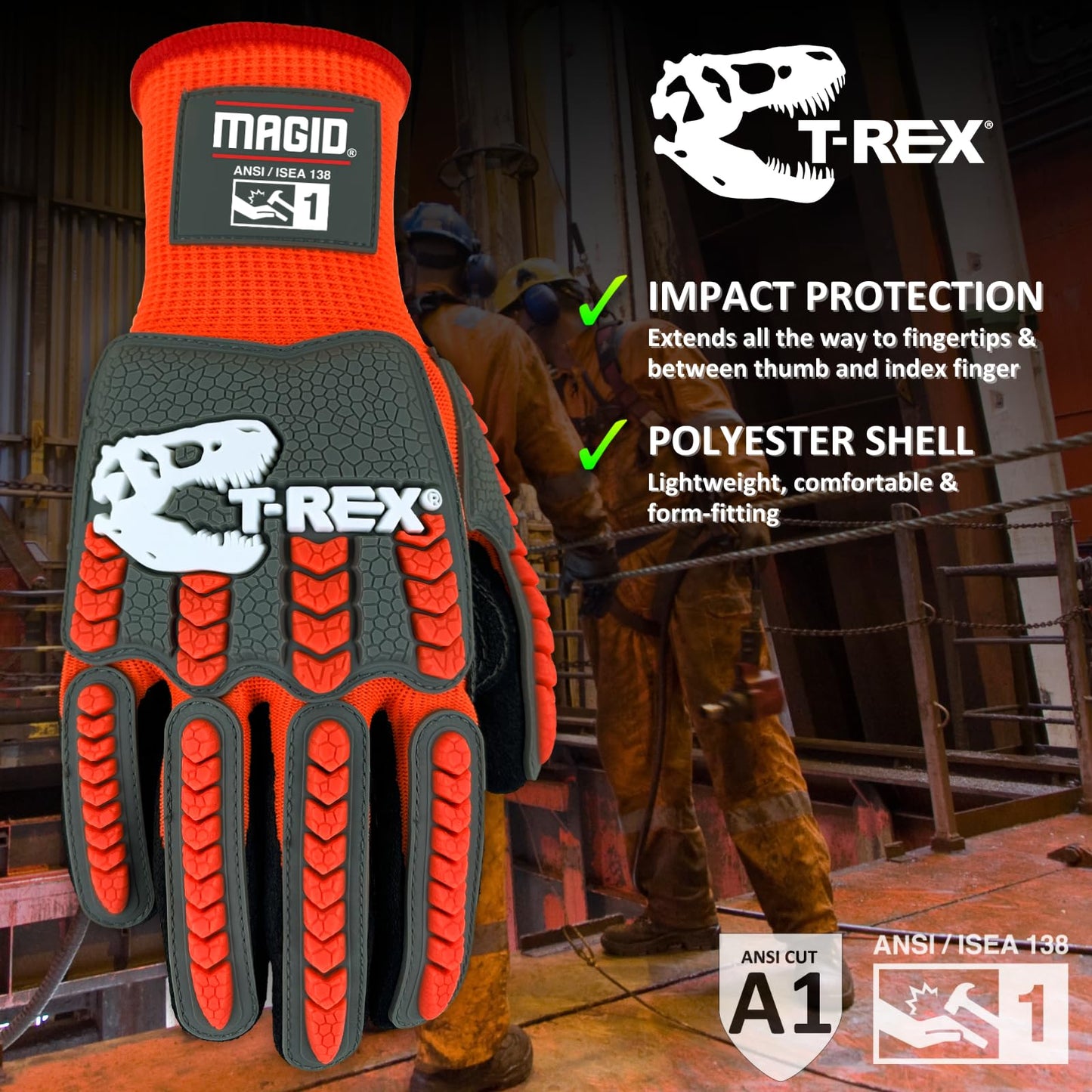 MAGID T-REX Flex Series Sandy Nitrile Coated Knit Impact Gloves, 1 Pair, 9/Large, TRX400