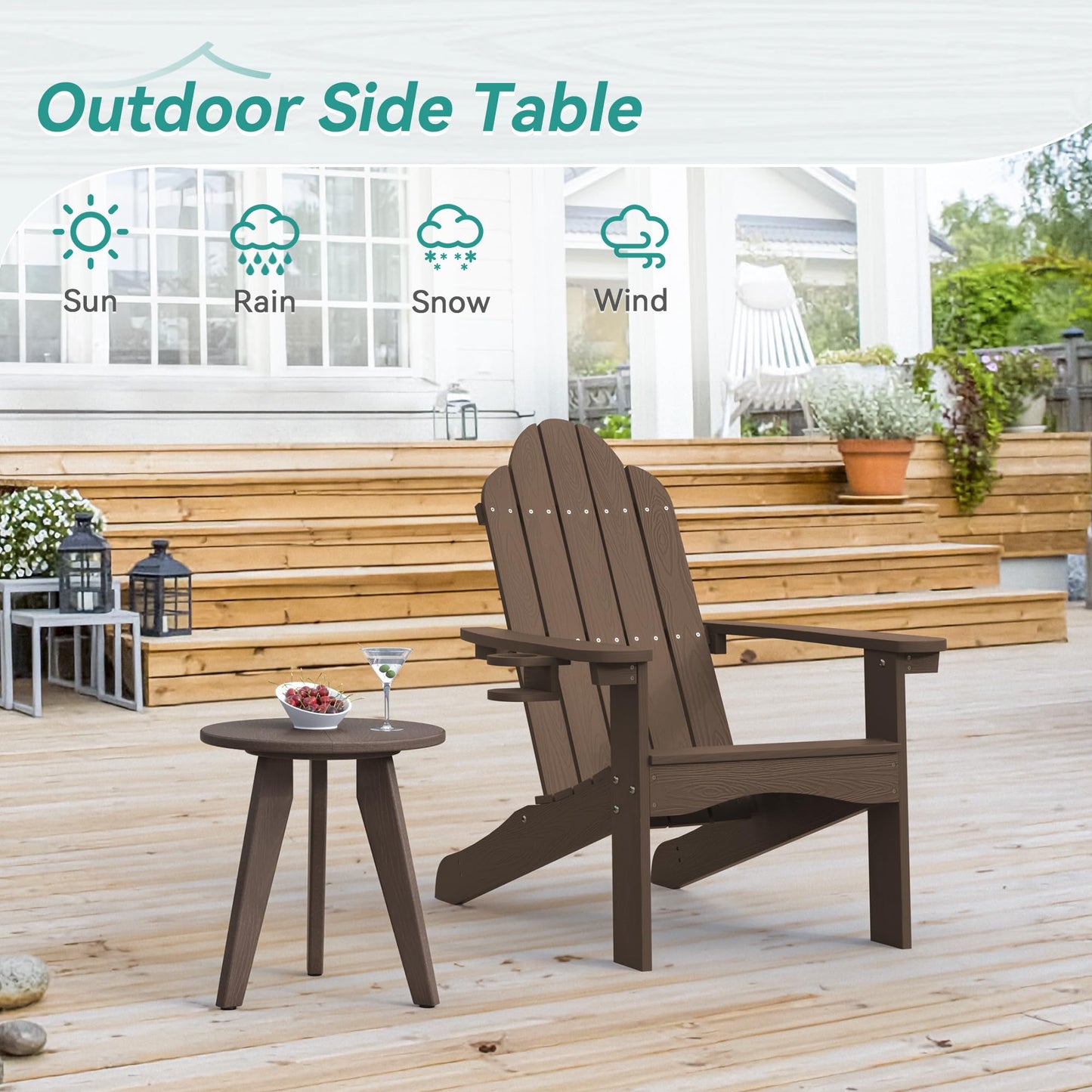 Homenjoy Outdoor Side Table, HDPS Outdoor Table, Small Round Side Table Weather-Resistant, Outdoor Side Tables for Patio, Porch,Deck,End Table for Plant Stand, Dark Brown
