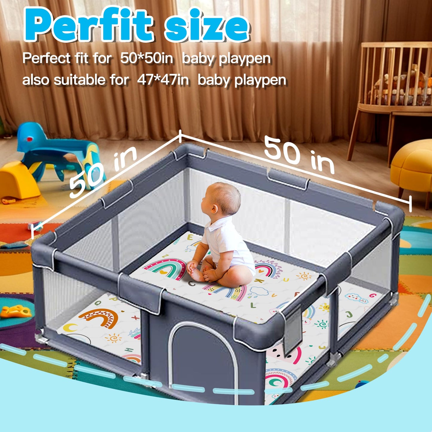 Baby Play Mat，Thick Soft 50" X 50" Playpen mat, Non-Slip and Machine Washable Baby Play Mats for Floor ，Crawling Mat for Babies, Toddlers & Infants to Play and Learn (Rainbow)