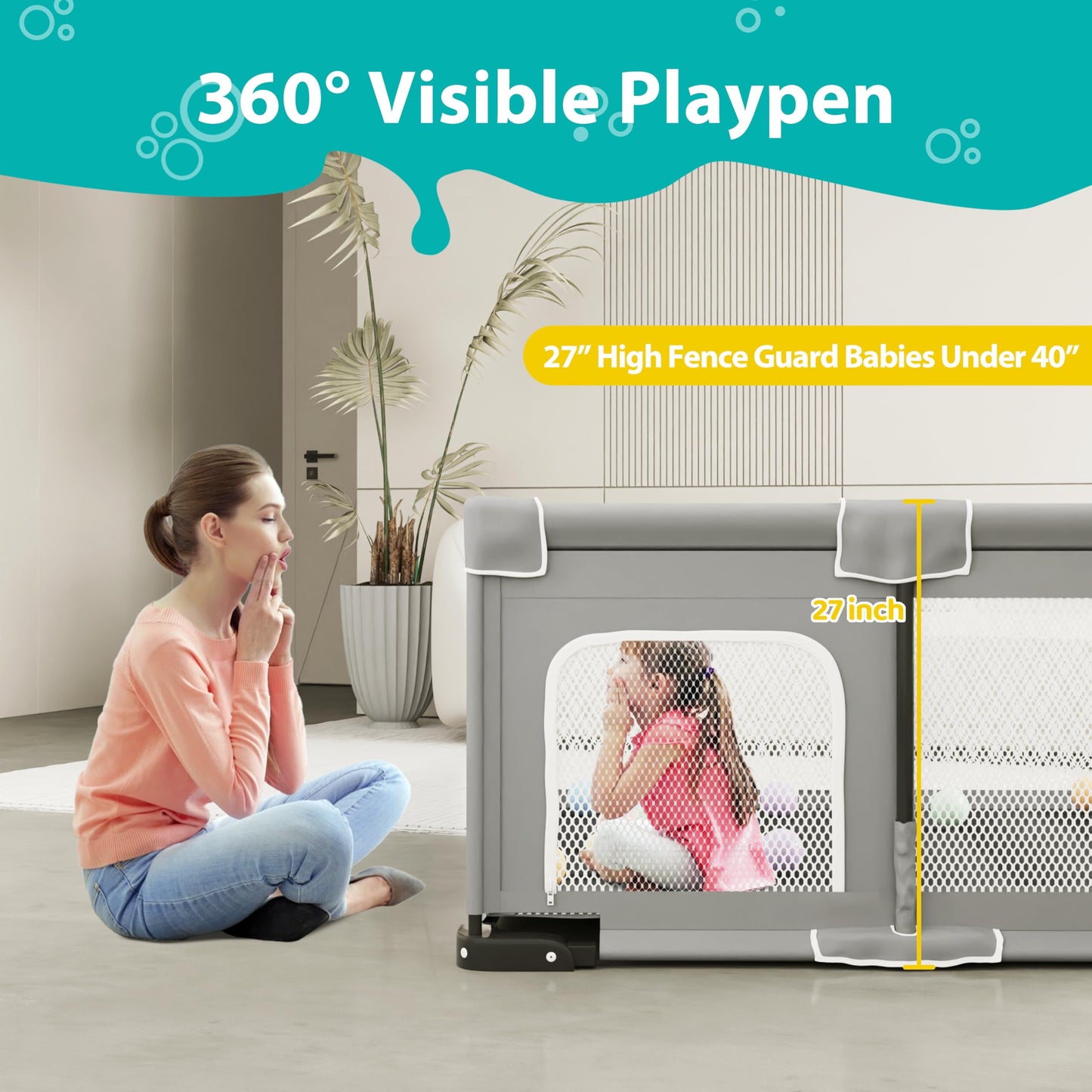 ICAREWAY Foldable Playpen for Babies and Toddlers, 50x50 Inches Portable Playpen, Kids Collapsible Play Pen with 2 Handlers, Indoor & Outdoor Baby Fence Play Area with Visible Mesh, Light Gray