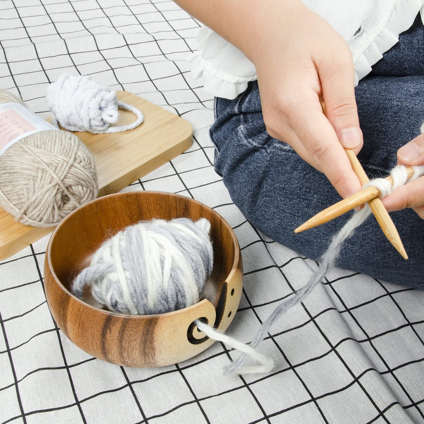 Little World Yarn Bowl - Wooden Yarn Bowls for Crocheting with Holes, Preventing Slipping and Tangles, Handmade Craft Knitting Bowl Yarn Holder Mothers Day Gift for Knitting Lovers (Coconut)