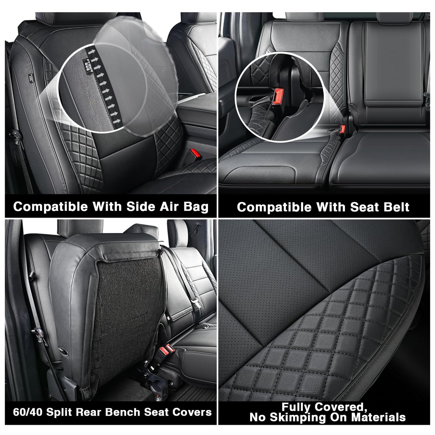 TGKUD F150 Seat Covers, Custom Fit Ford 2021-2025 F 150 XL XLT STX Super Crew Cab, 2023-2025 F250 F350 F450 XL XLT Crew Cab, Full Set, Leather, Black (NOT for 40/20/40 Bench Front Seat)