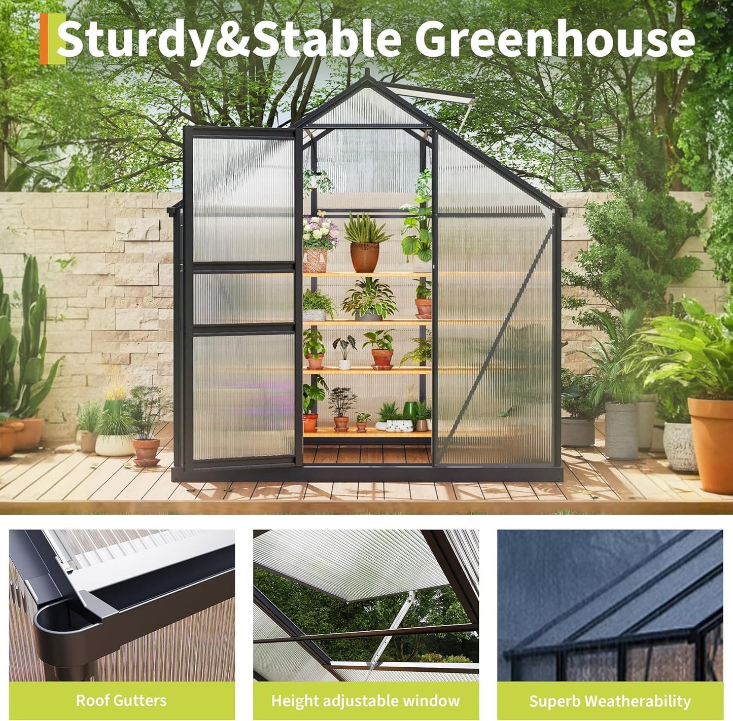 Greenhouse Sturdy Polycarbonate Walk-in Green House of Aluminum Frame w/ Roof Vent & Wind Resistance for Garden Backyard, Quick Setup, 8 ft x 6 ft
