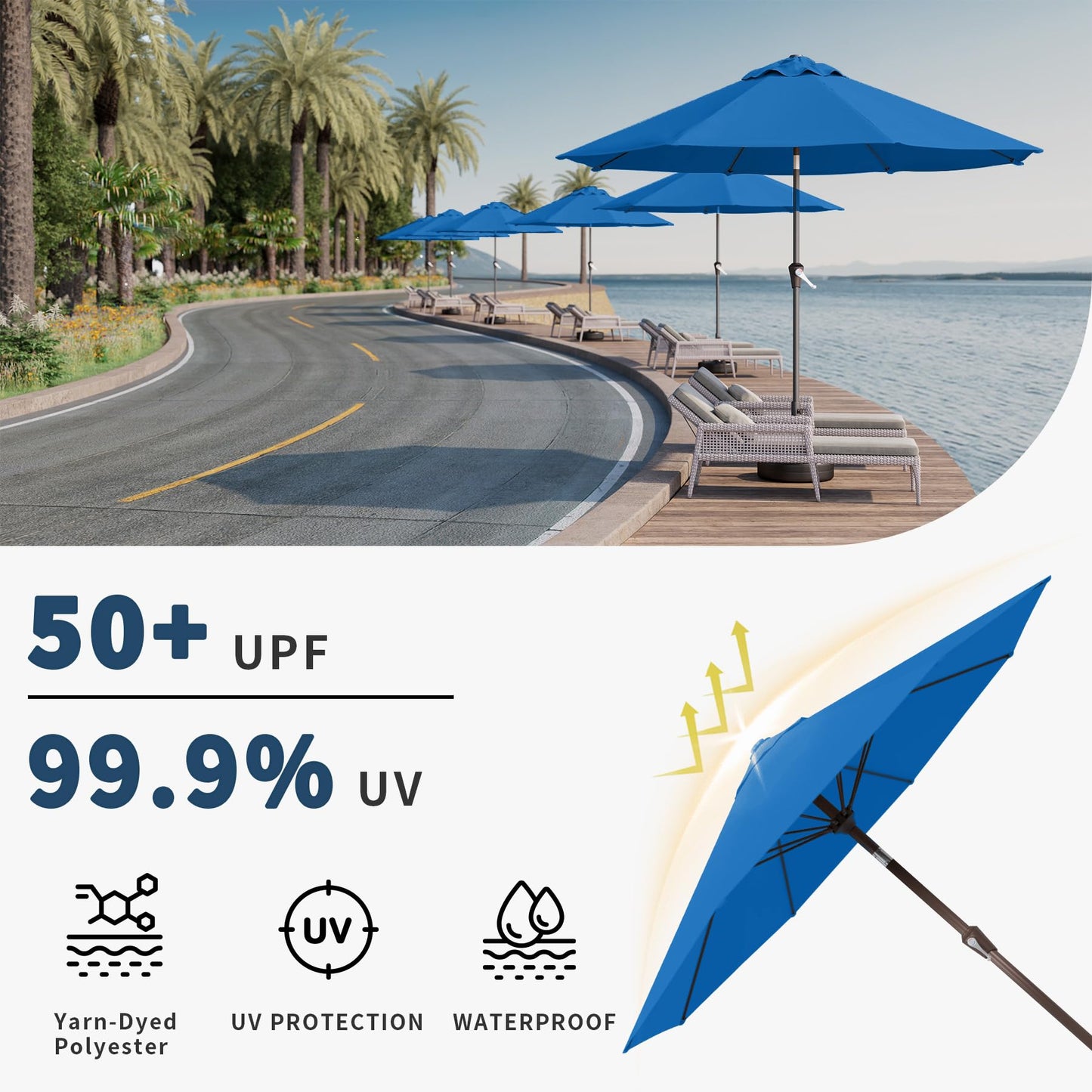 Patio Kingdom 9FT Patio Umbrella with Fiberglass Ribs, Outdoor Market Table Umbrella with Crank and Tilt, UV Resistant Waterproof Canopy for Patio, Garden, Deck, Pool, Royal Blue