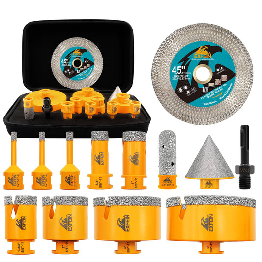EXFEIN Tile Hole Saw Kit 13pcs - 6/6/8/19/25/35/50/75/102mm Diamond Core Drill Bits, 4/5 Inch Milling Bit + 2 Inch Chamfer Bit + Adapter + 4.5 Inch Grinding & Cutting Disc for Tile Marble Granite