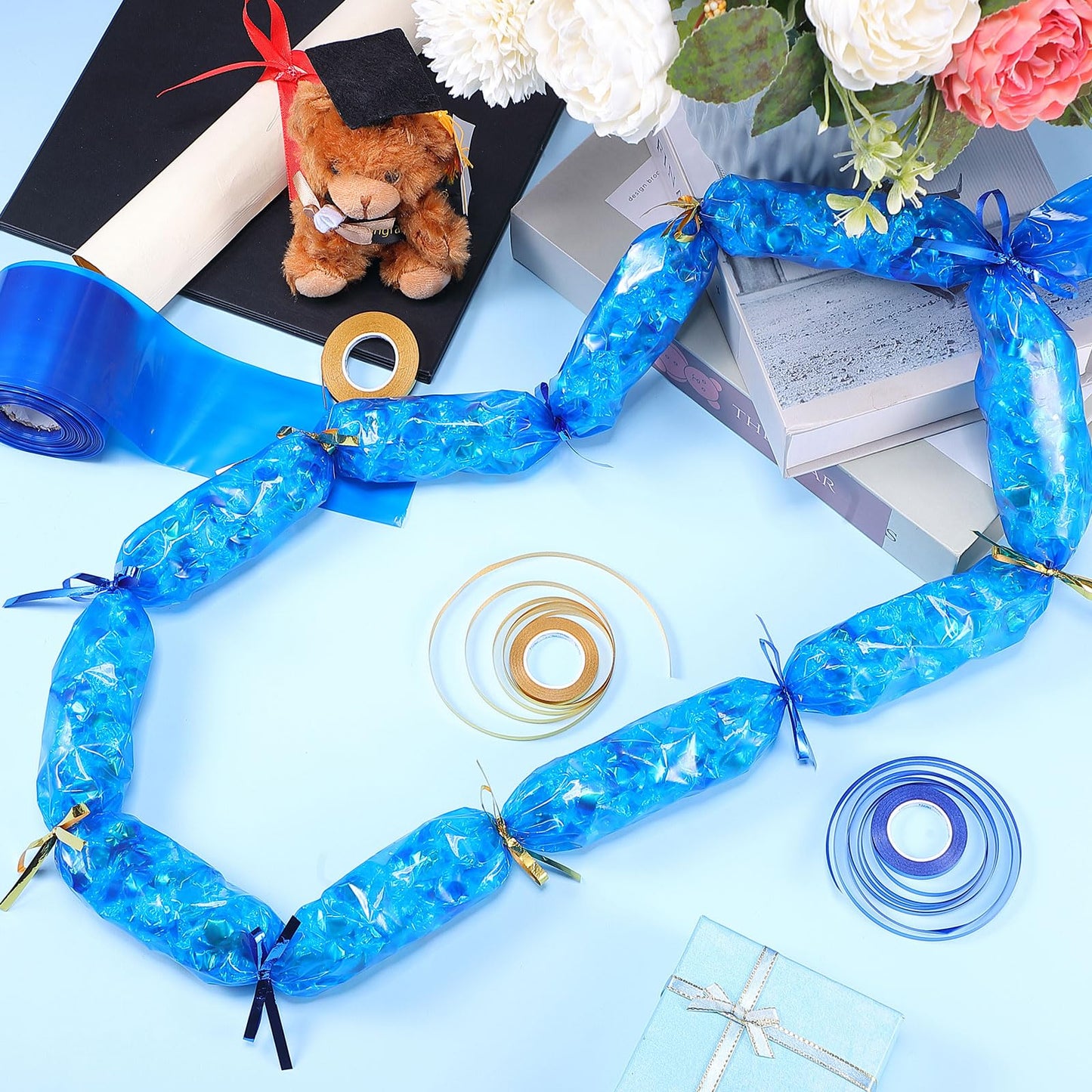 Fuutreo Graduation Candy Lei Making Kit 98 ft Candy Lei Poly Tubing with 6 Rolls 33 Feet Ribbon for DIY Graduation Packing Snacks Grad Party Supplies Gifts Craft(Blue,2.4 in)